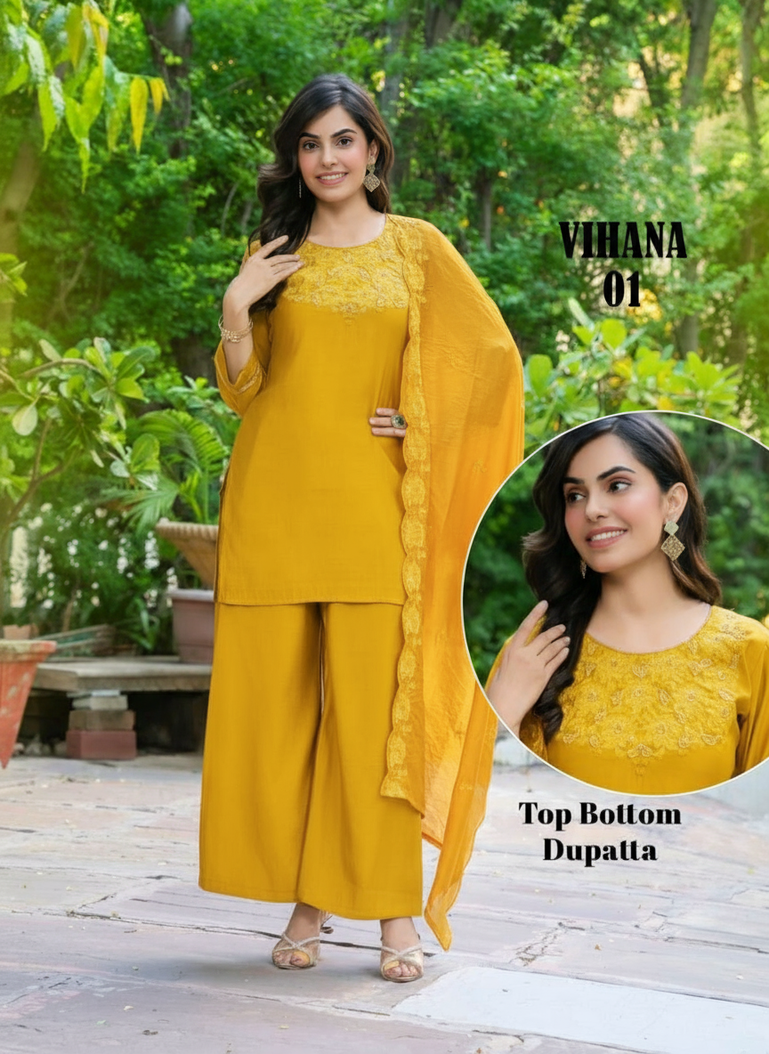 Vihana 3-Piece Straight Cut Set with Plazzo – Roman Top & Bottom, Chanderi Dupatta