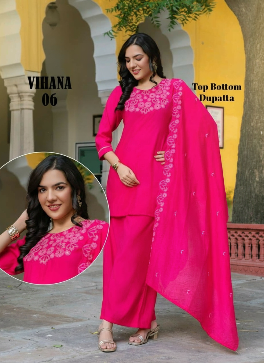 Vihana 3-Piece Straight Cut Set with Plazzo – Roman Top & Bottom, Chanderi Dupatta
