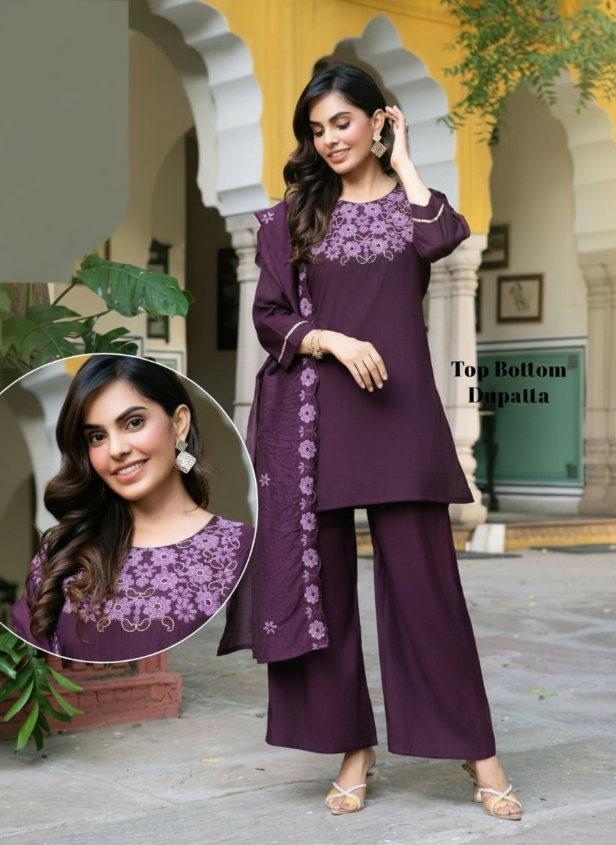 Vihana 3-Piece Straight Cut Set with Plazzo – Roman Top & Bottom, Chanderi Dupatta