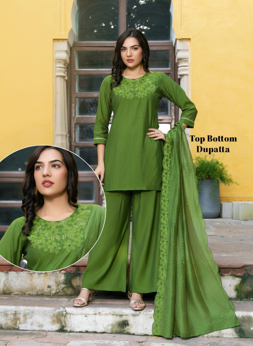 Vihana 3-Piece Straight Cut Set with Plazzo – Roman Top & Bottom, Chanderi Dupatta