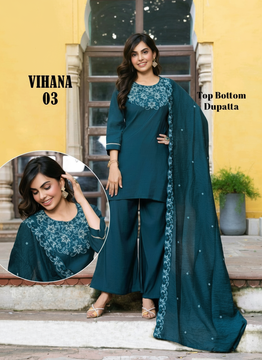 Vihana 3-Piece Straight Cut Set with Plazzo – Roman Top & Bottom, Chanderi Dupatta