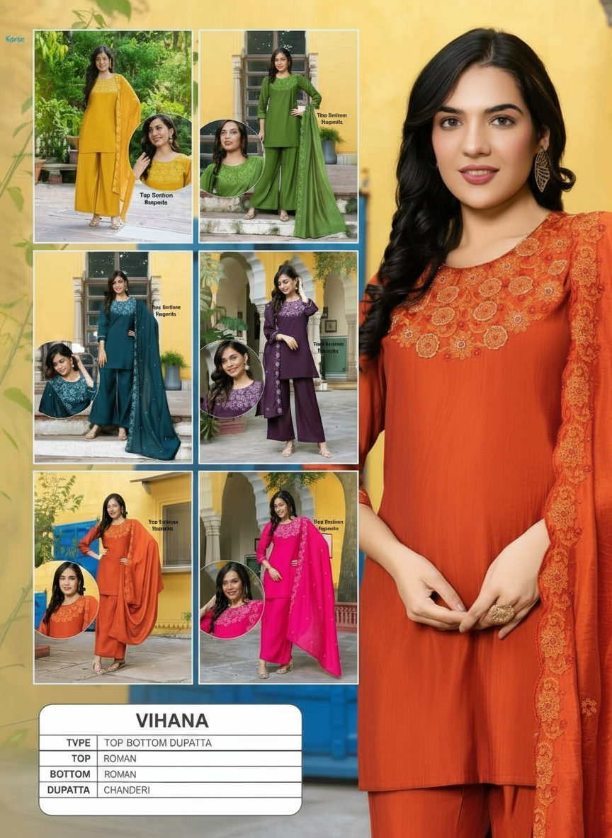 Vihana 3-Piece Straight Cut Set with Plazzo – Roman Top & Bottom, Chanderi Dupatta