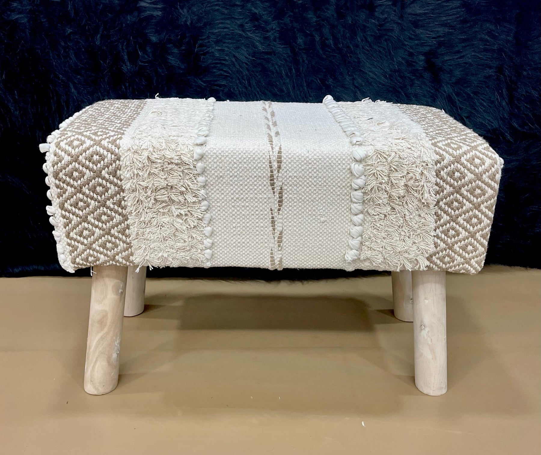 Handcrafted Wooden Stool with Woven Fabric Seat  M.R. Saree Emporium