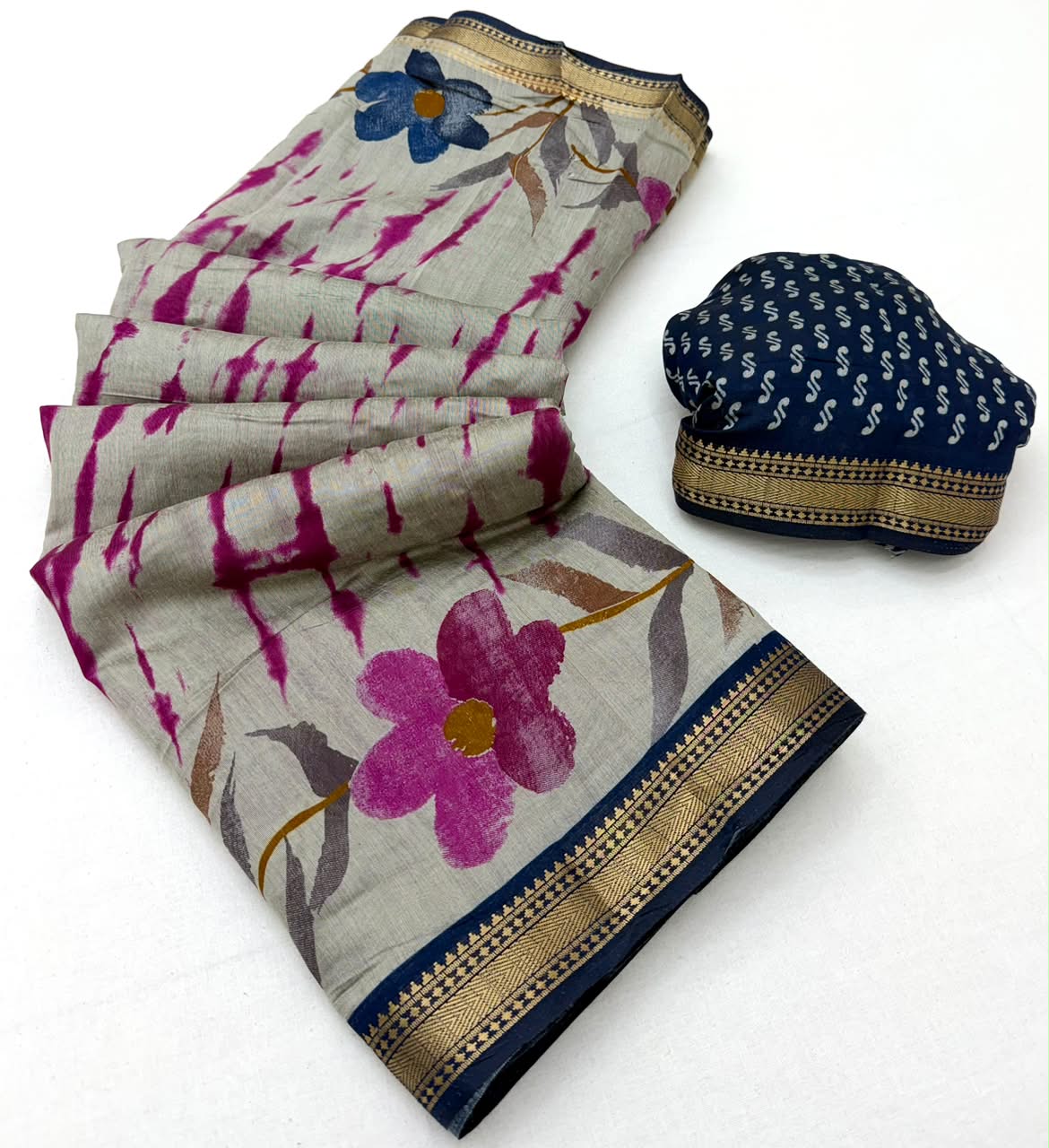 Kazari Series Mul Cotton Printed Saree with Zari Border 6 Pcs Set