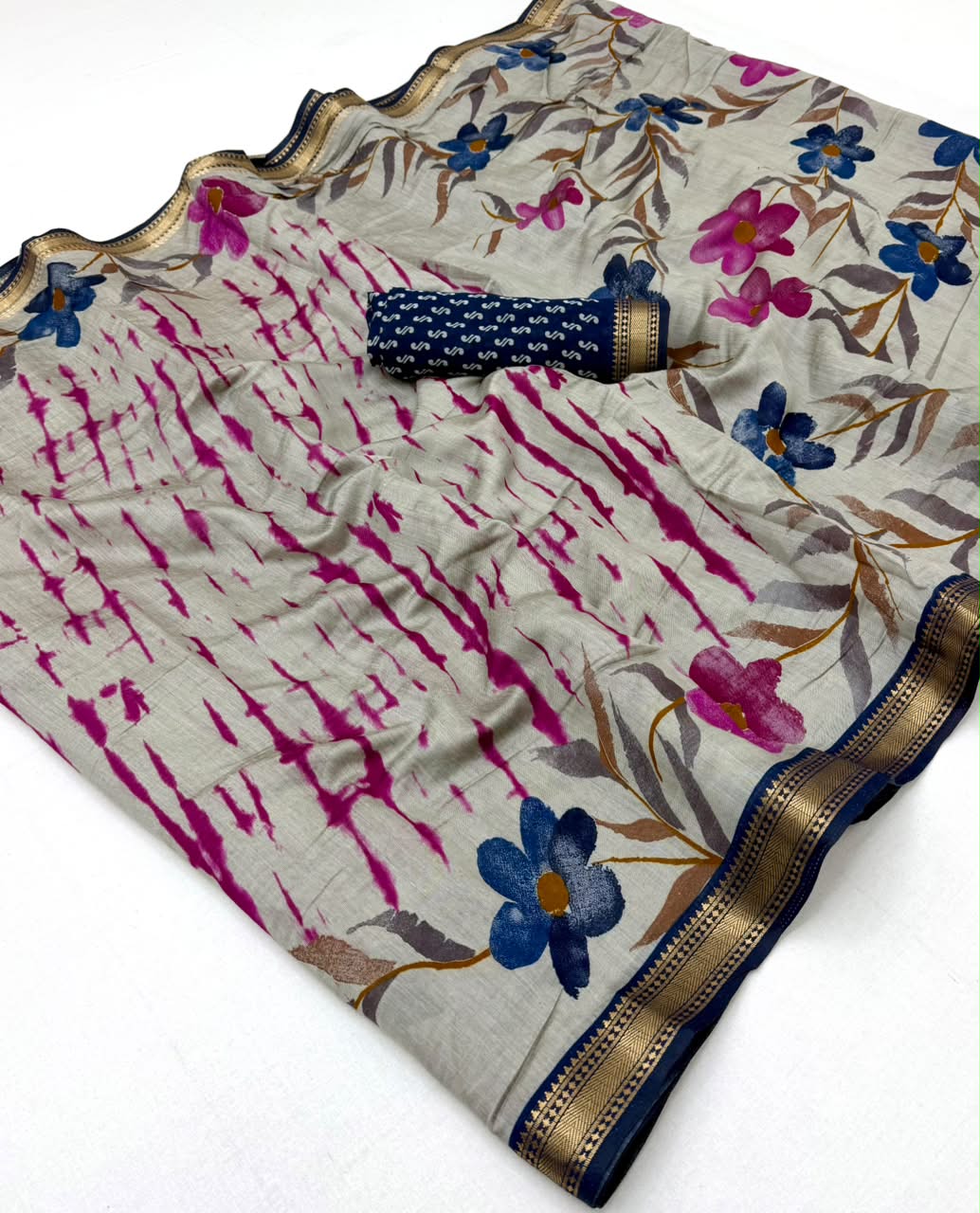 Kazari Series Mul Cotton Printed Saree with Zari Border 6 Pcs Set