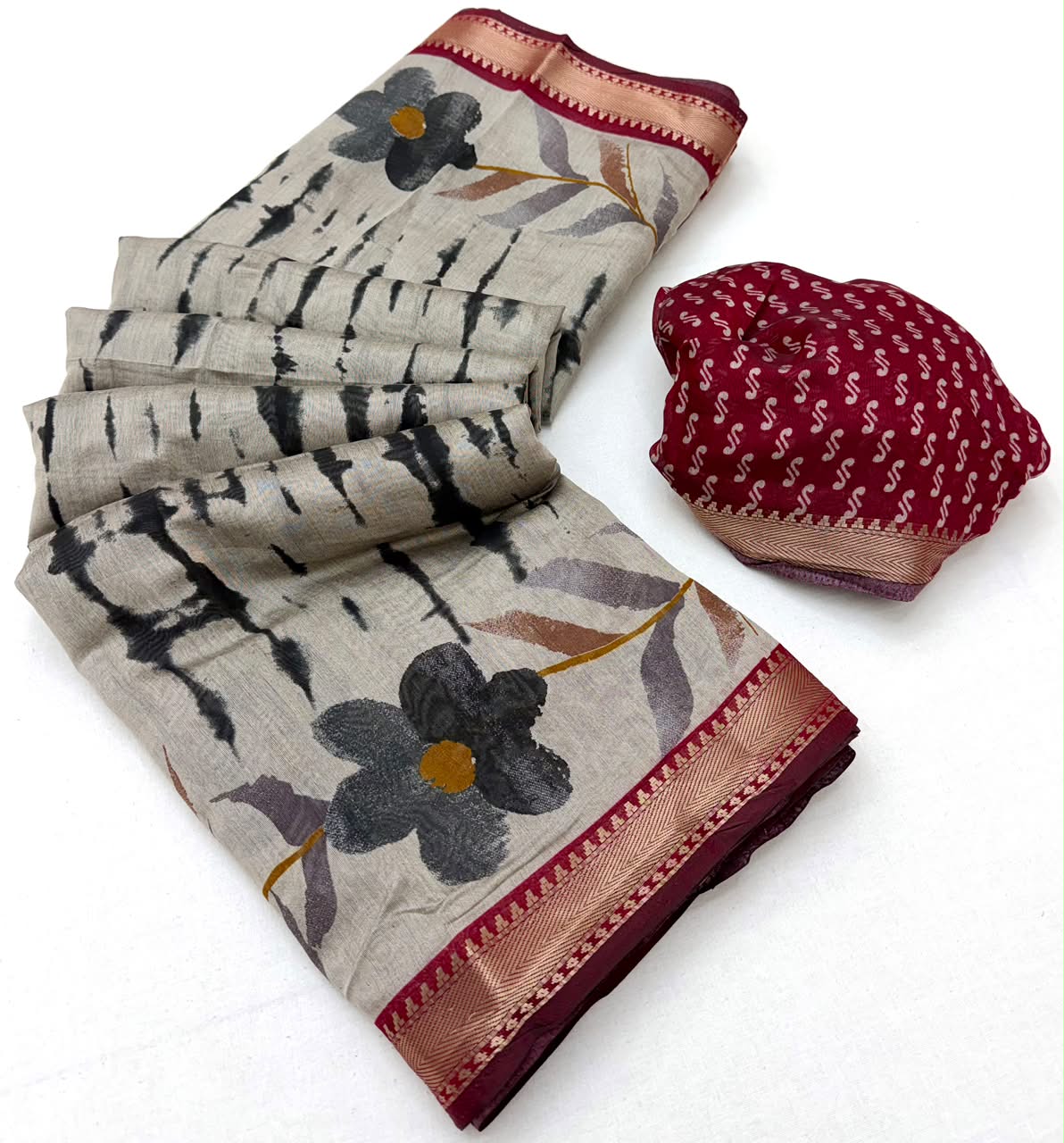 Kazari Series Mul Cotton Printed Saree with Zari Border 6 Pcs Set