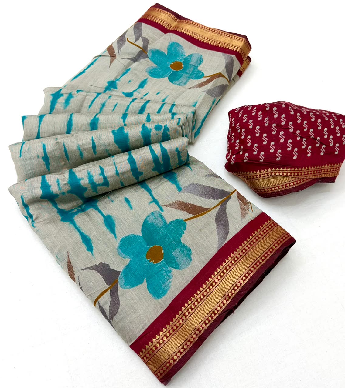 Kazari Series Mul Cotton Printed Saree with Zari Border 6 Pcs Set