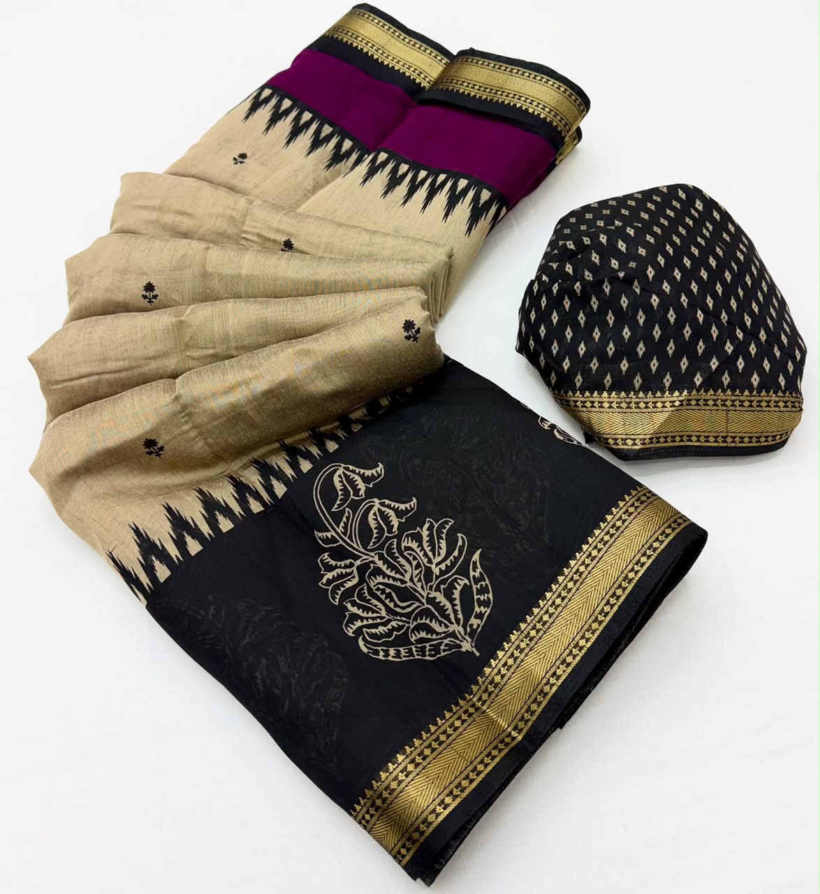 Soft Mul Cotton Printed Saree with Zari Border- 6Pcs Set