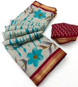 Kazari Series Mul Cotton Printed Saree with Zari Border 6 Pcs Set