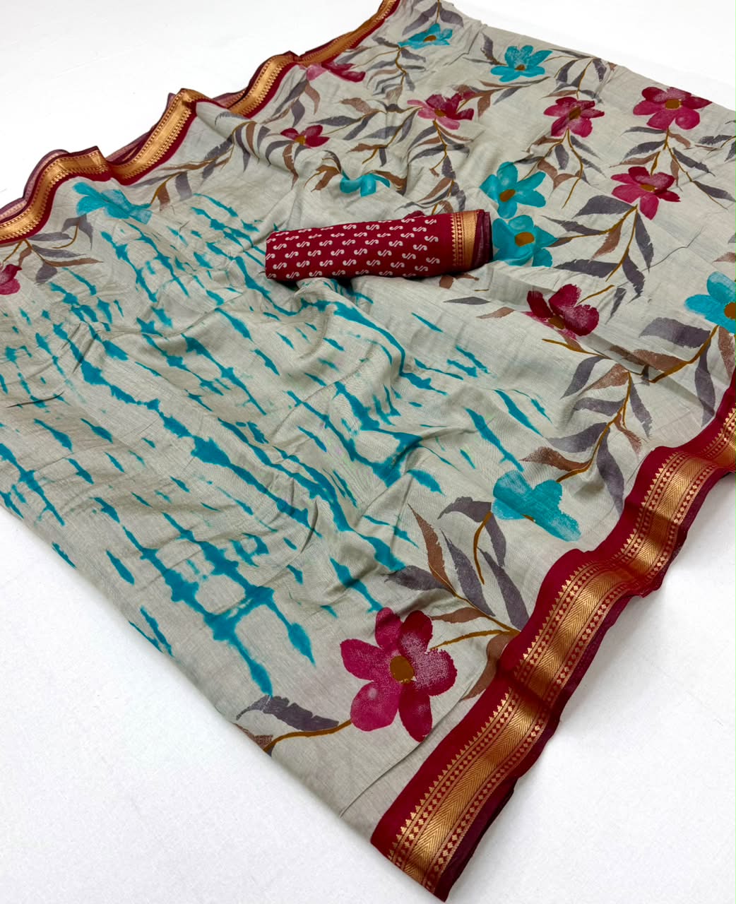 Kazari Series Mul Cotton Printed Saree with Zari Border 6 Pcs Set