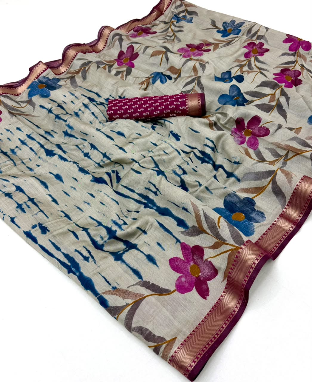 Kazari Series Mul Cotton Printed Saree with Zari Border 6 Pcs Set