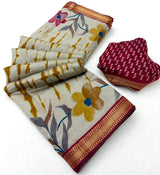 Kazari Series Mul Cotton Printed Saree with Zari Border 6 Pcs Set