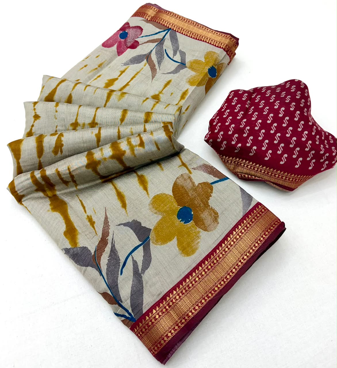 Kazari Series Mul Cotton Printed Saree with Zari Border 6 Pcs Set