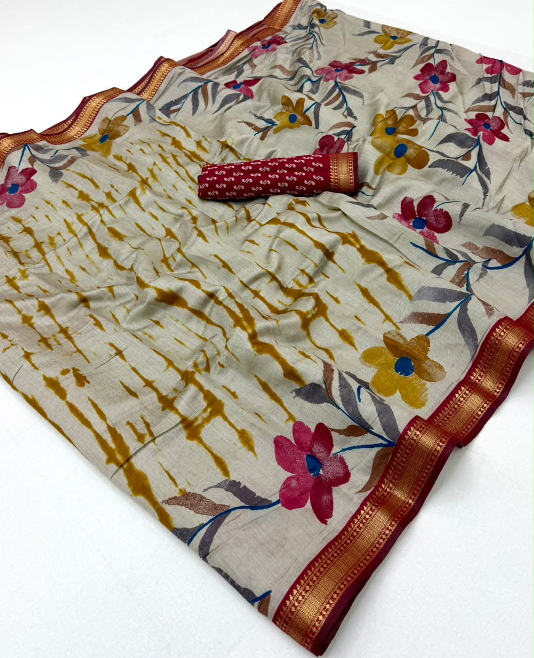 Kazari Series Mul Cotton Printed Saree with Zari Border 6 Pcs Set