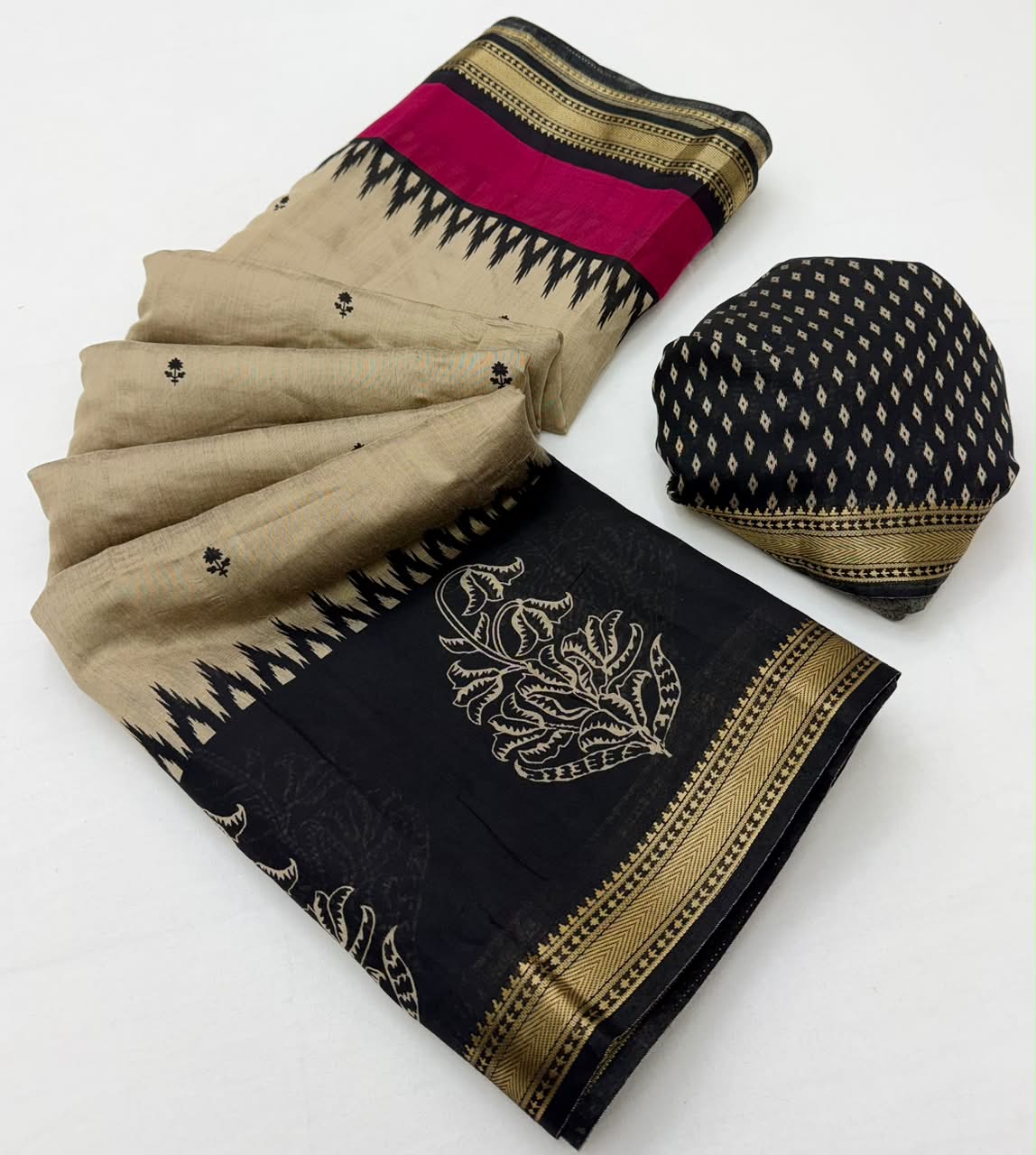Soft Mul Cotton Printed Saree with Zari Border- 6Pcs Set