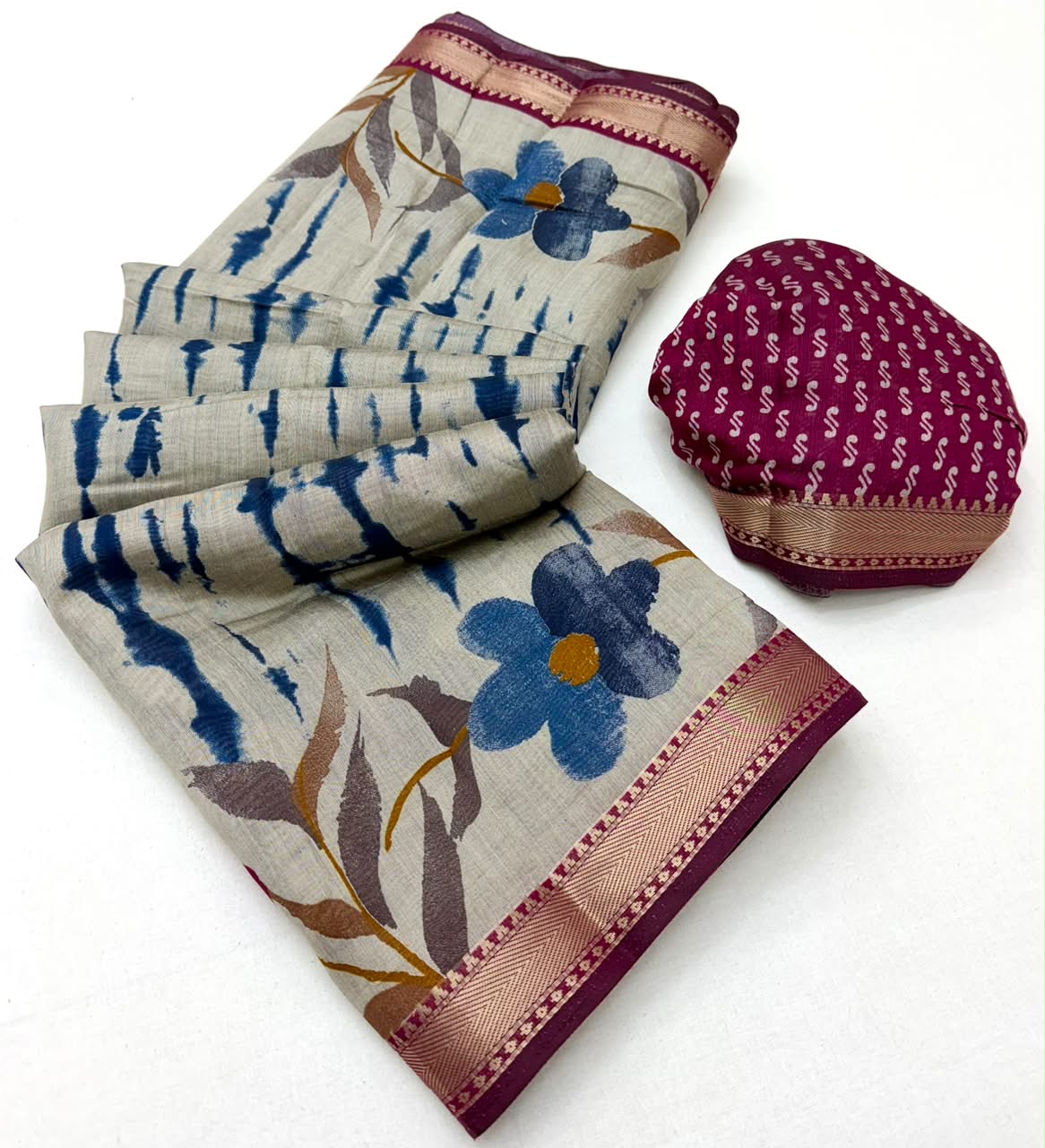 Kazari Series Mul Cotton Printed Saree with Zari Border 6 Pcs Set