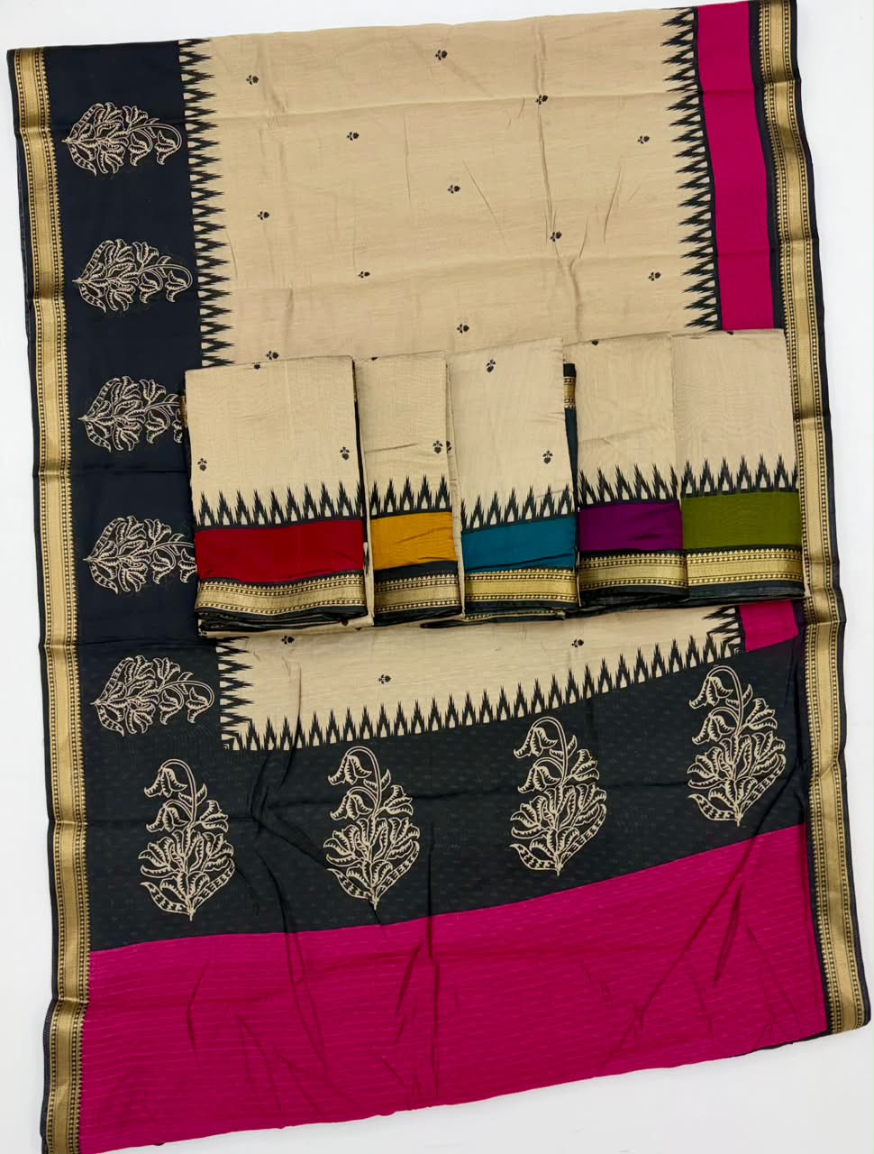 Soft Mul Cotton Printed Saree with Zari Border- 6Pcs Set