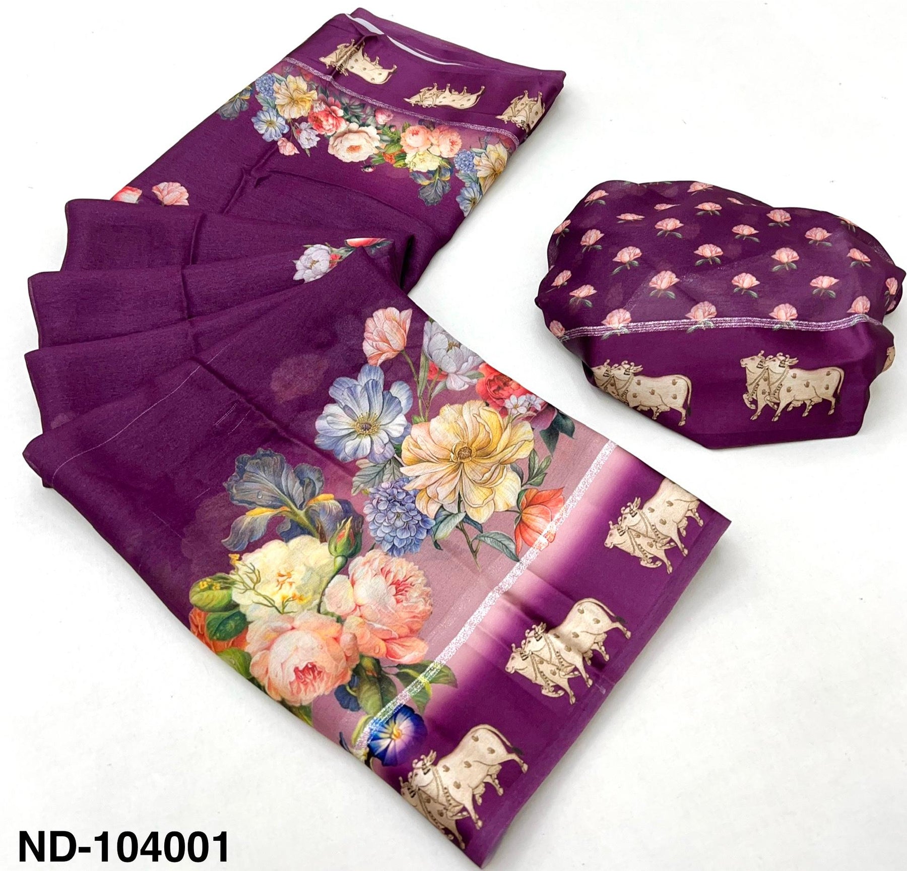 Nandi Soft Georgette Saree with Satin Border & Pichwai Print-7 Pcs Set.