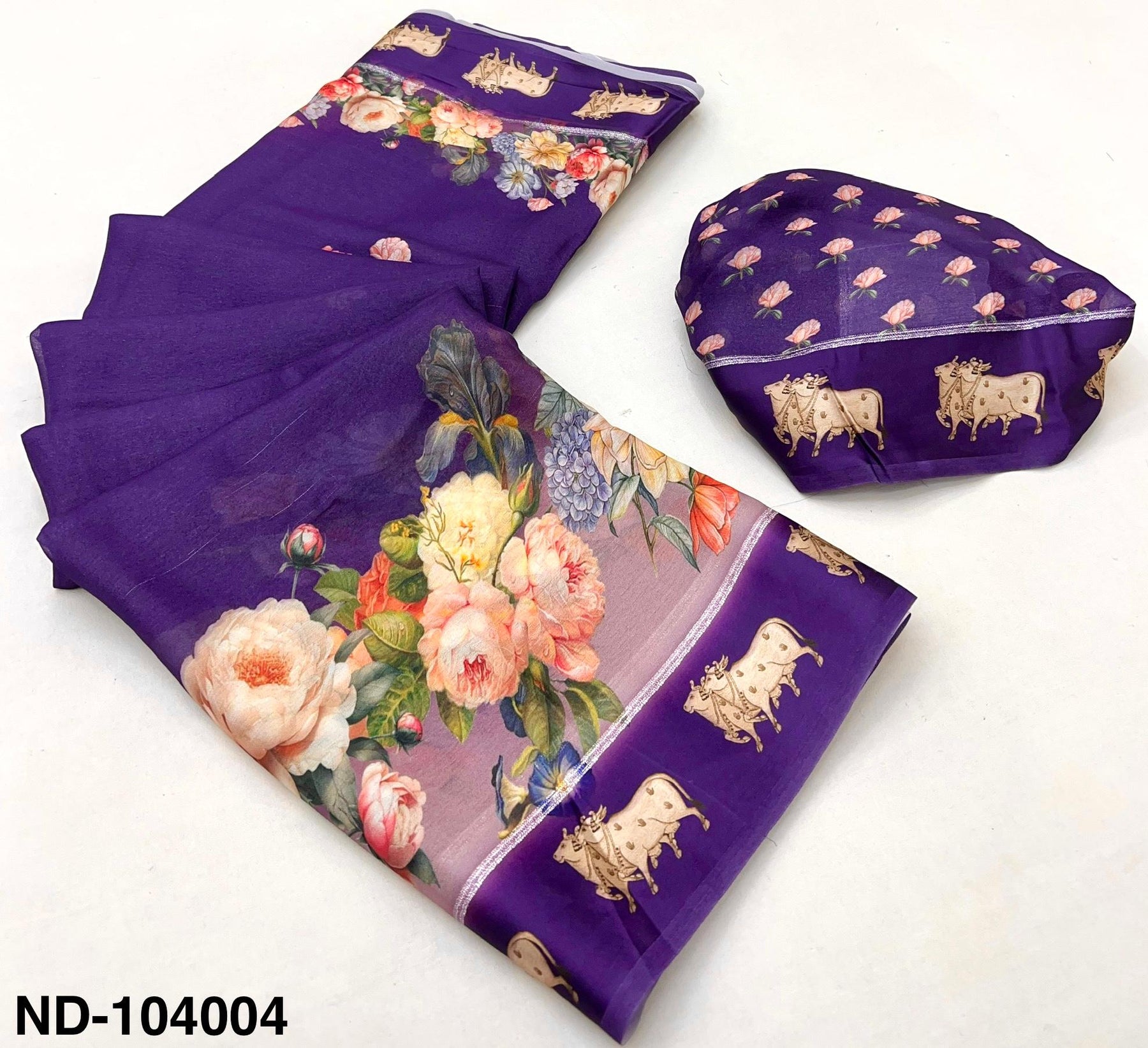Nandi Soft Georgette Saree with Satin Border & Pichwai Print-7 Pcs Set.