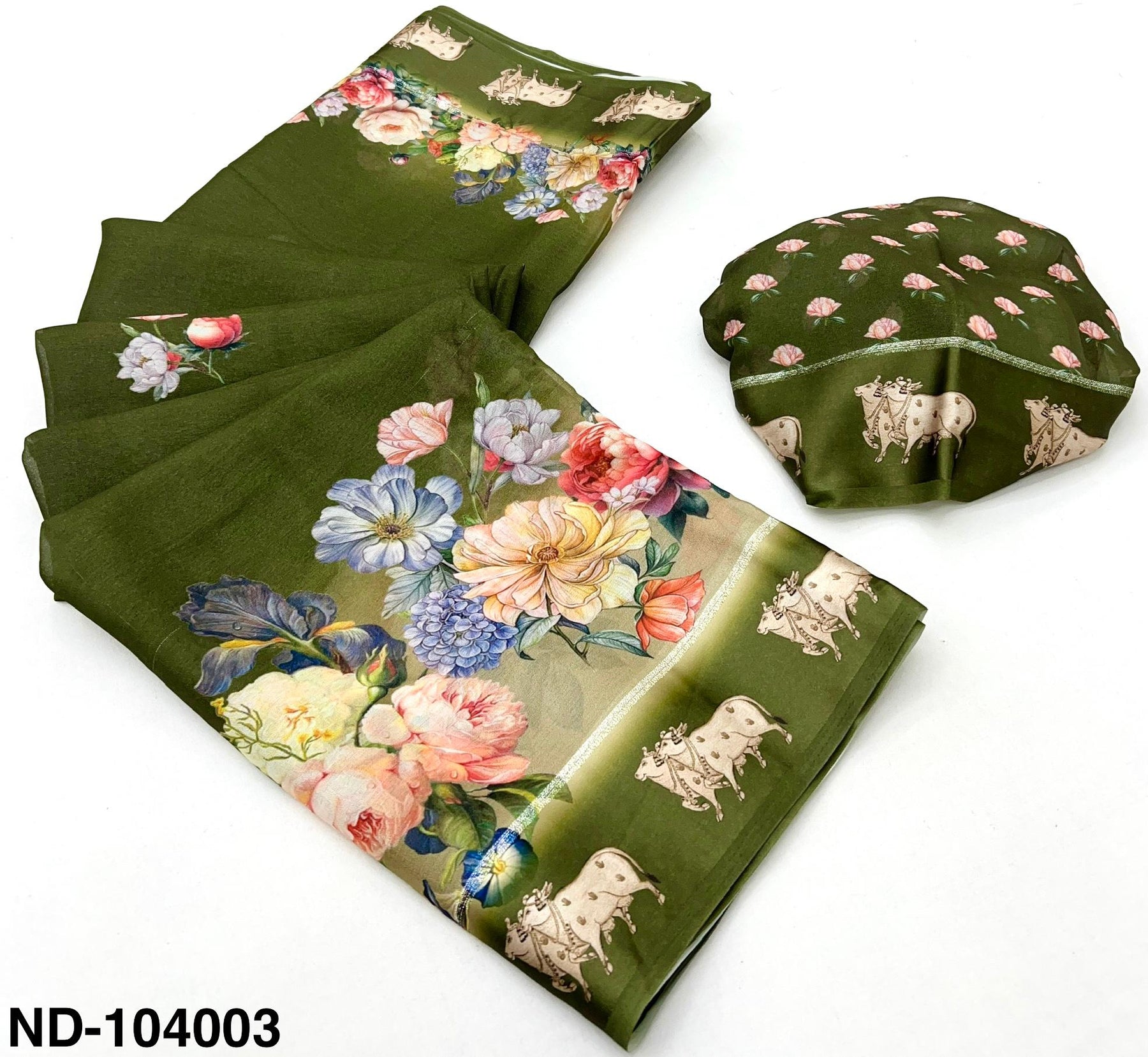 Nandi Soft Georgette Saree with Satin Border & Pichwai Print-7 Pcs Set.