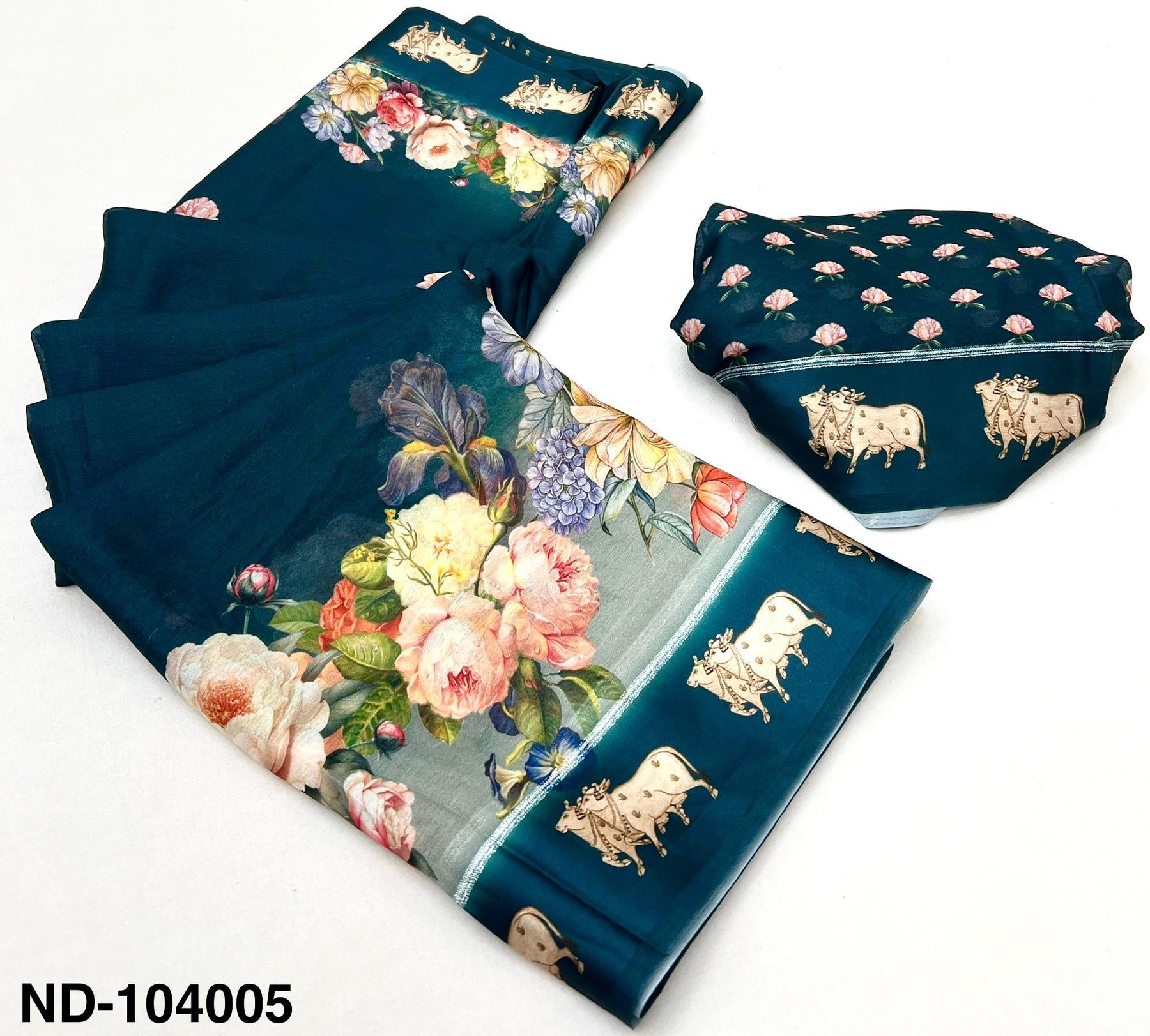 Nandi Soft Georgette Saree with Satin Border & Pichwai Print-7 Pcs Set.