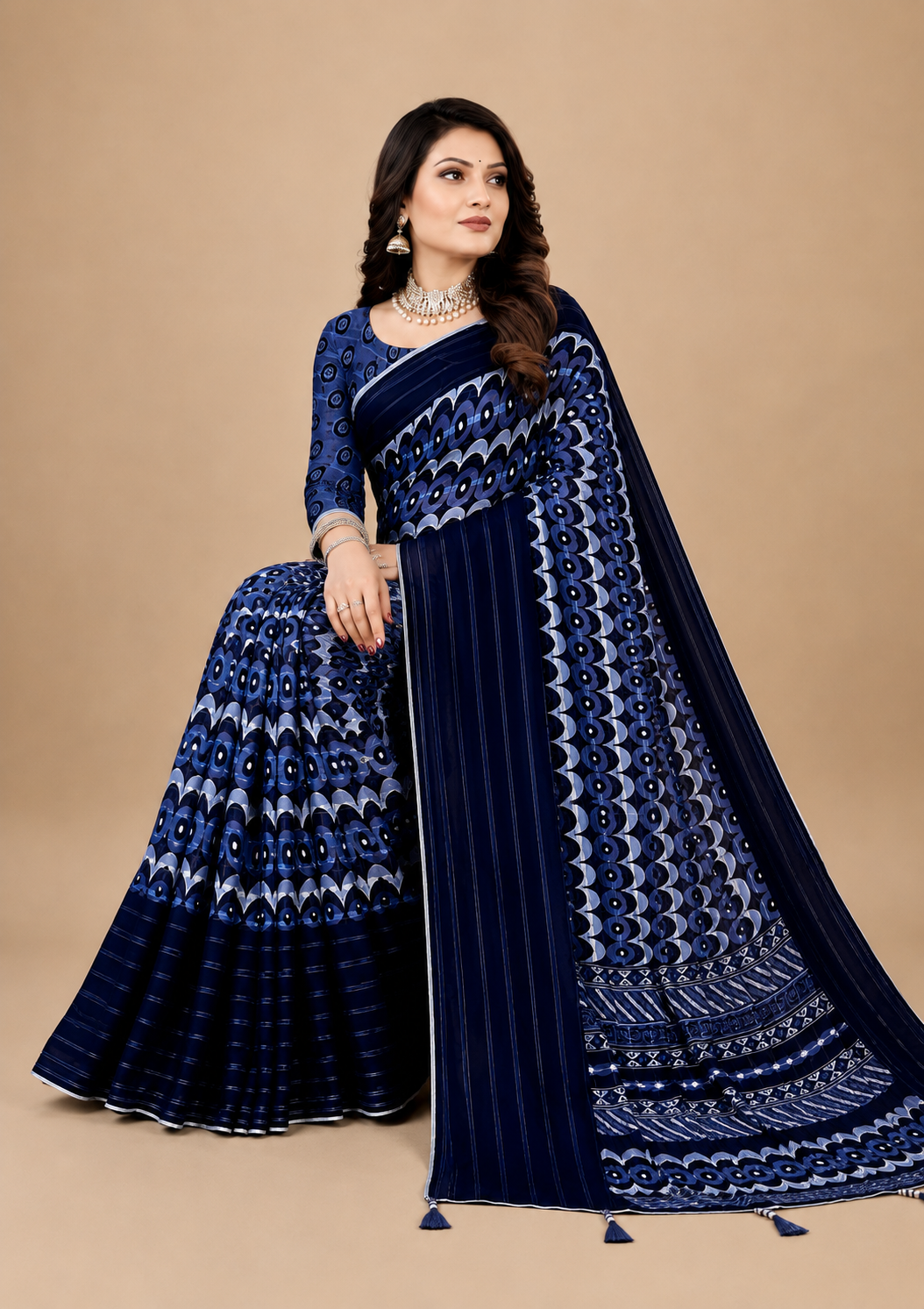 Navy Blue Printed Georgette Saree with Tassel Pallu