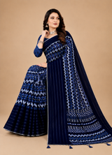 Navy Blue Printed Georgette Saree with Tassel Pallu