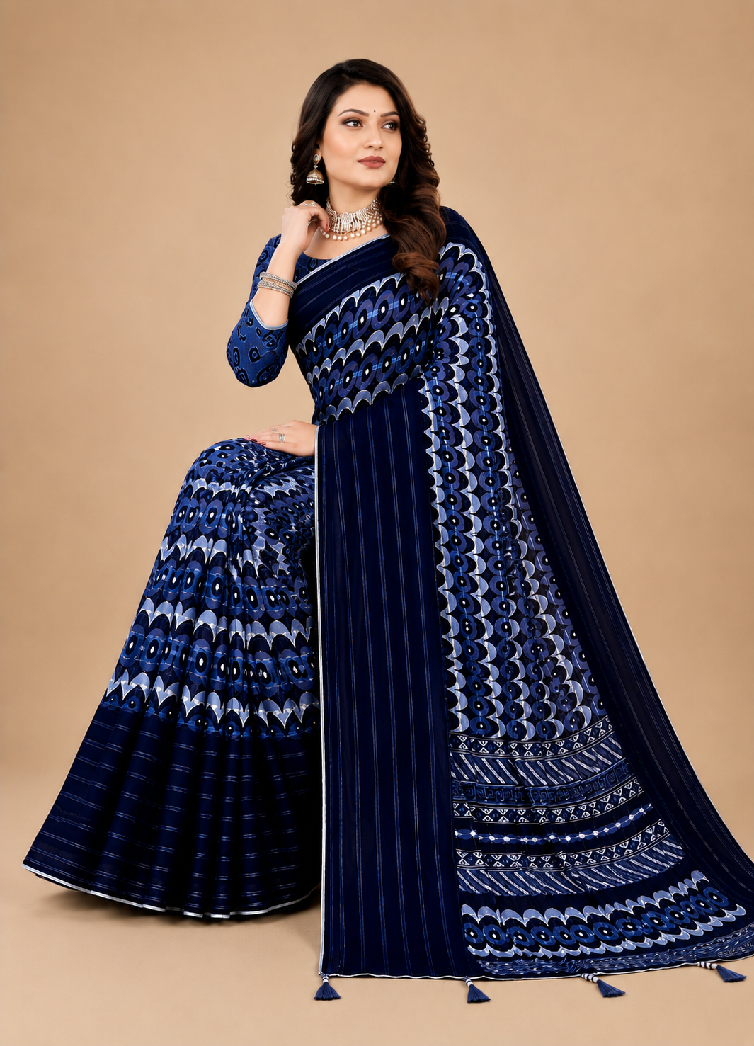 Navy Blue Printed Georgette Saree with Tassel Pallu