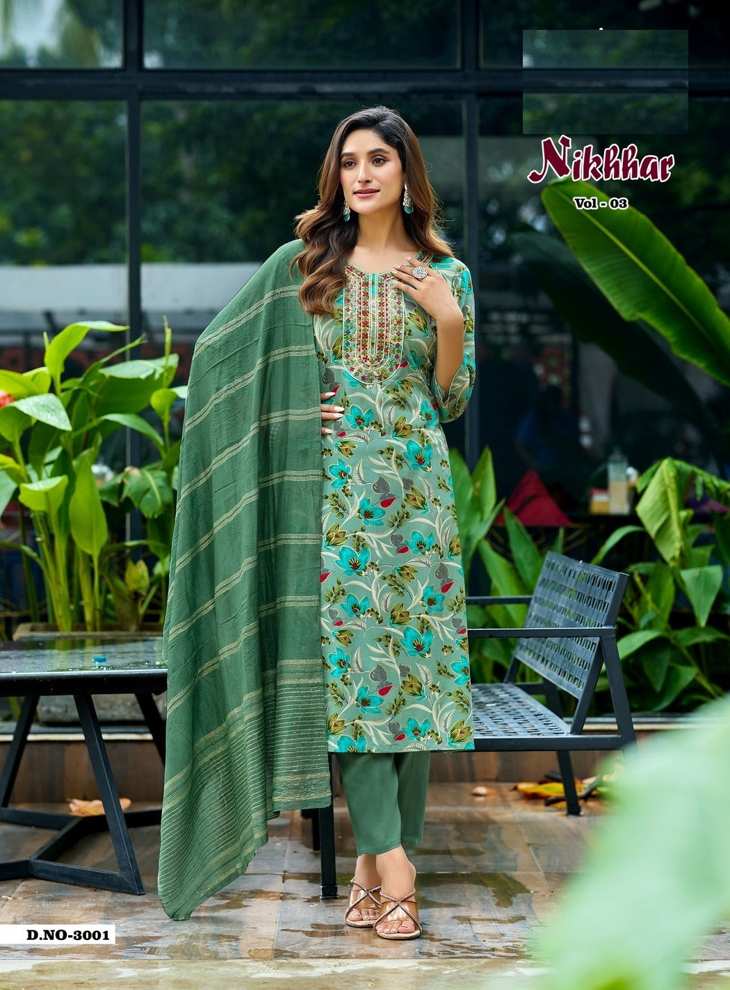 Nikhaar Vol 3 – Straight Kurti with Pant & Jacquard Dupatta | Rayon Foil Print & Embroidery | 8 Designs – M.R. Saree Emporium