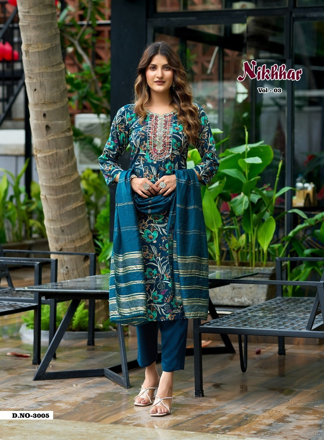 Nikhaar Vol 3 – Straight Kurti with Pant & Jacquard Dupatta | Rayon Foil Print & Embroidery | 8 Designs – M.R. Saree Emporium