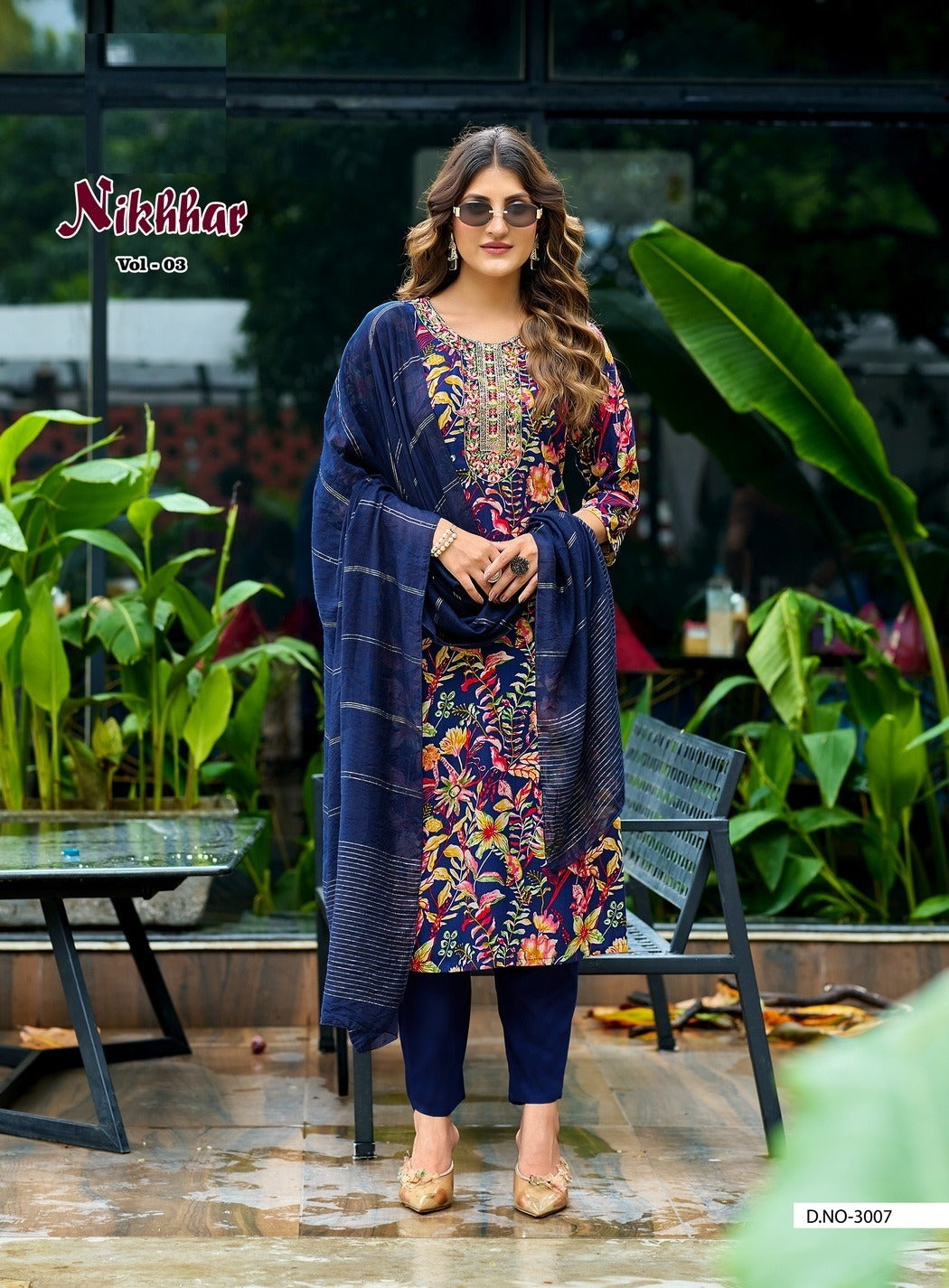 Nikhaar Vol 3 – Straight Kurti with Pant & Jacquard Dupatta | Rayon Foil Print & Embroidery | 8 Designs – M.R. Saree Emporium