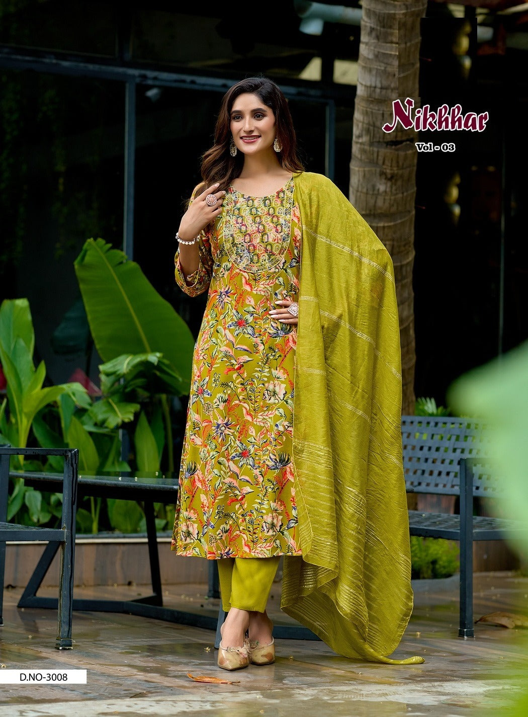 Nikhaar Vol 3 – Straight Kurti with Pant & Jacquard Dupatta | Rayon Foil Print & Embroidery | 8 Designs – M.R. Saree Emporium