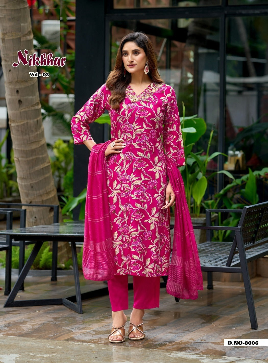 Nikhaar Vol 3 – Straight Kurti with Pant & Jacquard Dupatta | Rayon Foil Print & Embroidery | 8 Designs – M.R. Saree Emporium