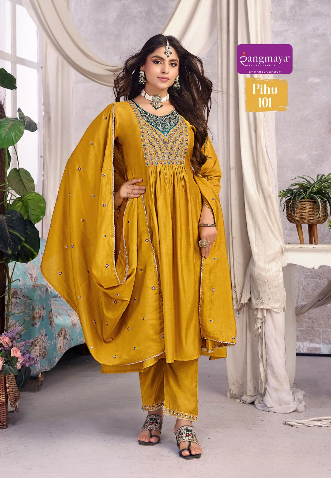PIHU Roman Silk Kurti Pant Dupatta Set for Women