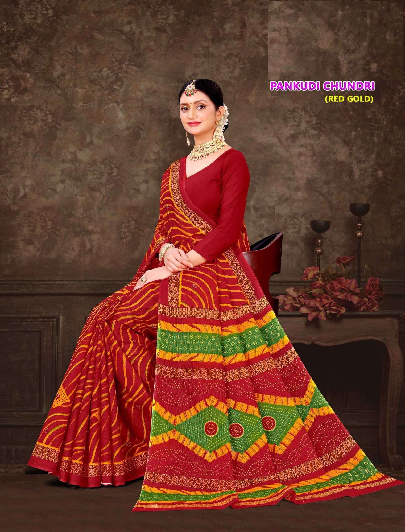 Pankhudi Chundri Red & Gold Cotton Saree – M.R. Saree Emporium