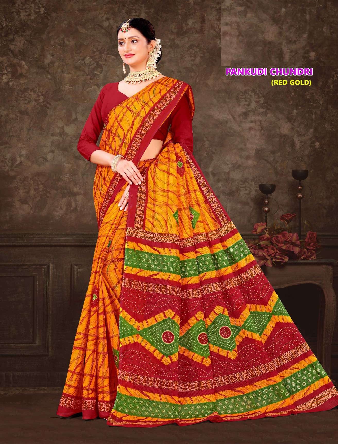 Pankhudi Chundri Red & Gold Cotton Saree – M.R. Saree Emporium