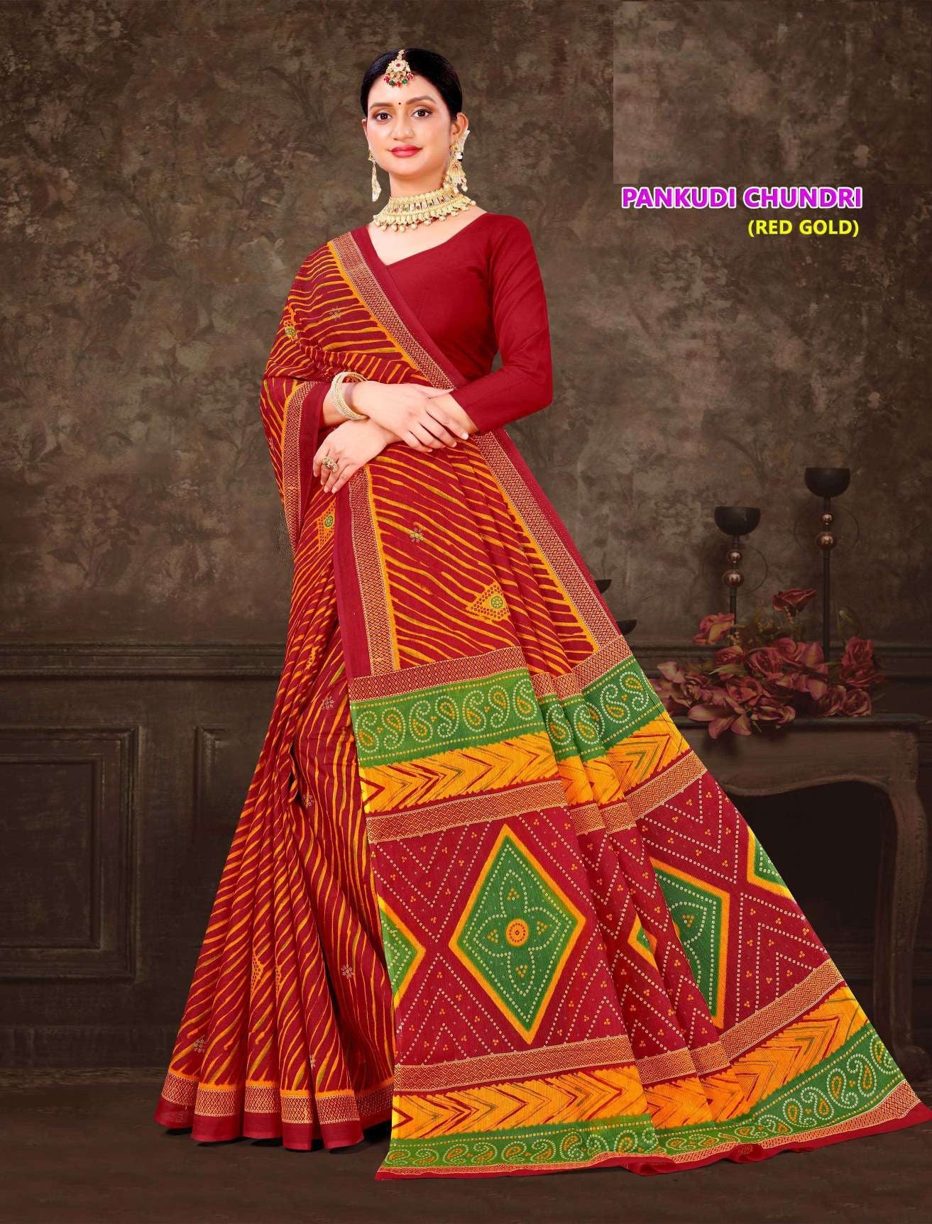 Pankhudi Chundri Red & Gold Cotton Saree – M.R. Saree Emporium