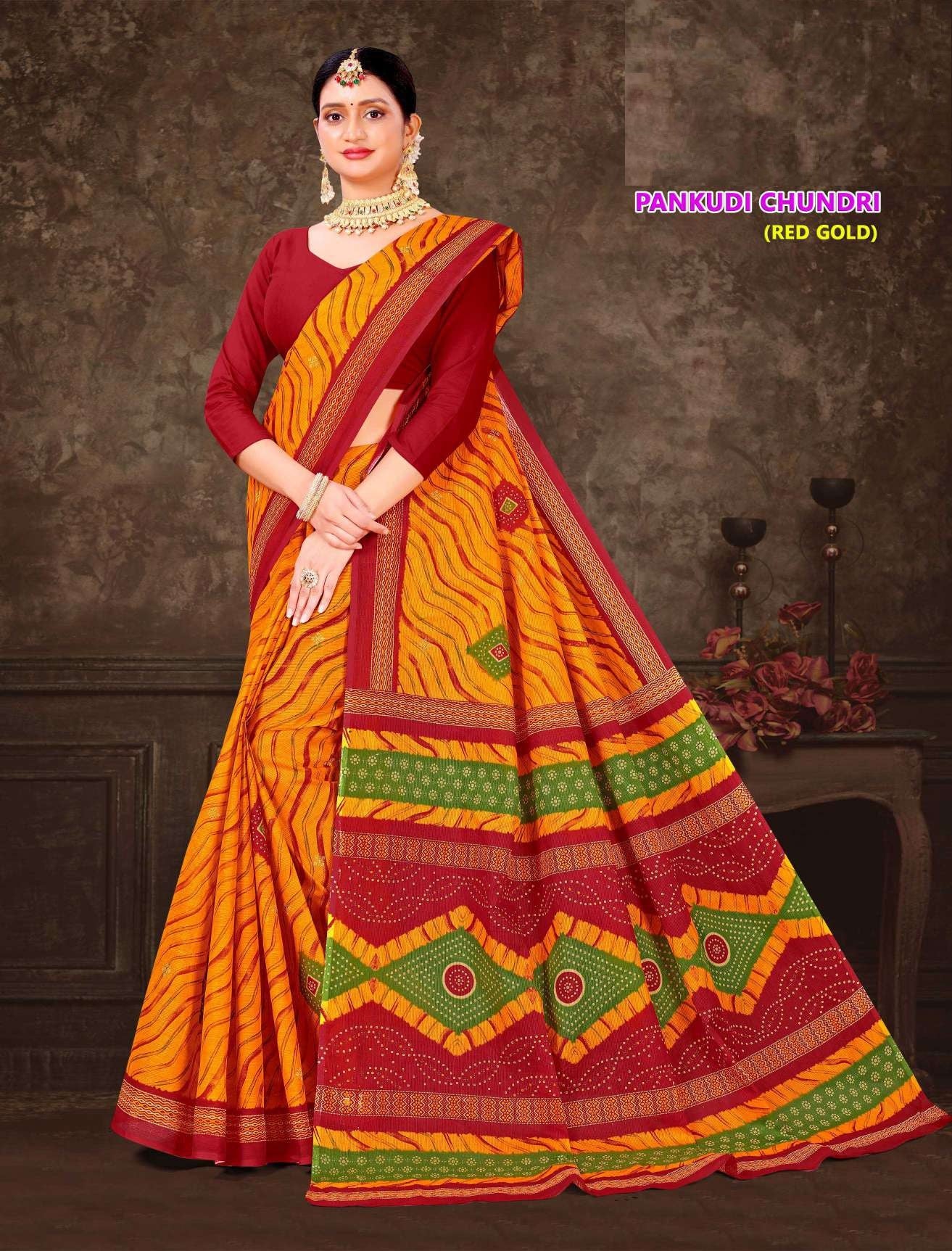 Pankhudi Chundri Red & Gold Cotton Saree – M.R. Saree Emporium