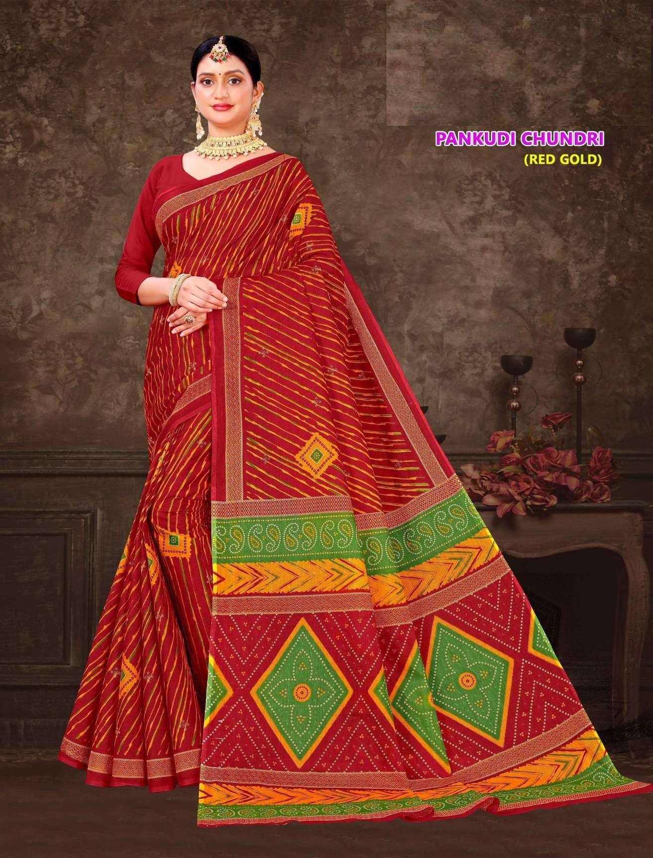 Pankhudi Chundri Red & Gold Cotton Saree – M.R. Saree Emporium