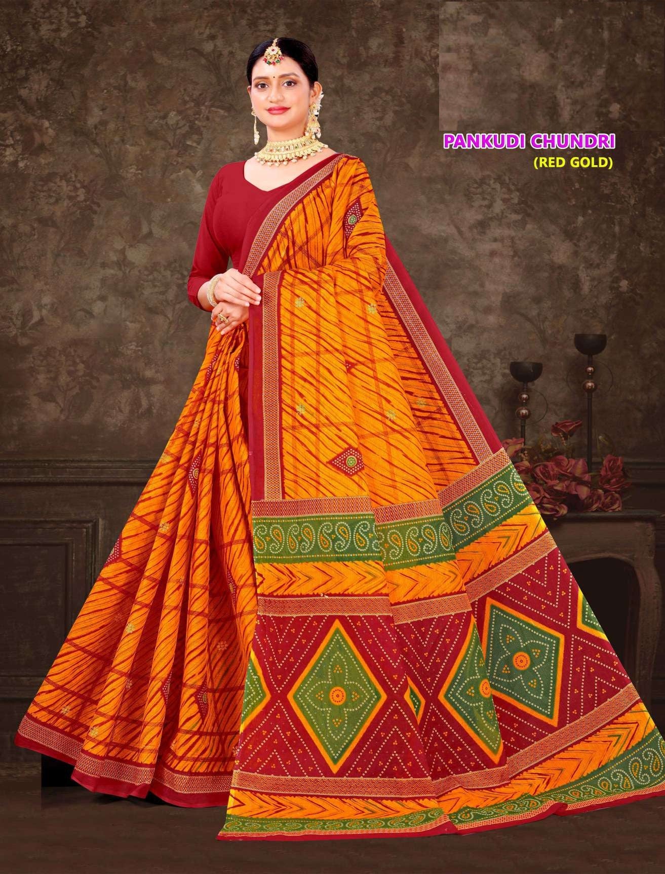 Pankhudi Chundri Red & Gold Cotton Saree – M.R. Saree Emporium