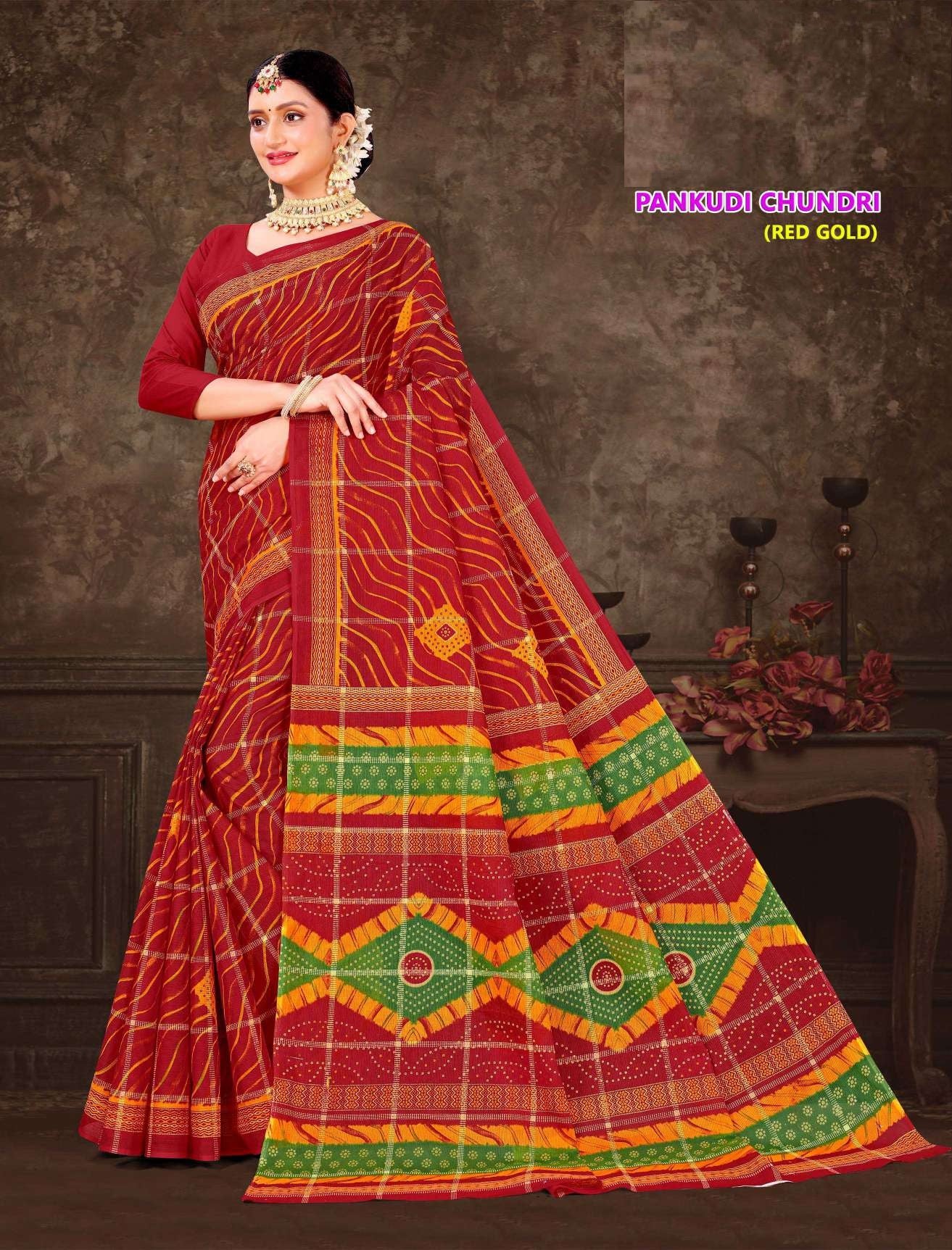 Pankhudi Chundri Red & Gold Cotton Saree – M.R. Saree Emporium