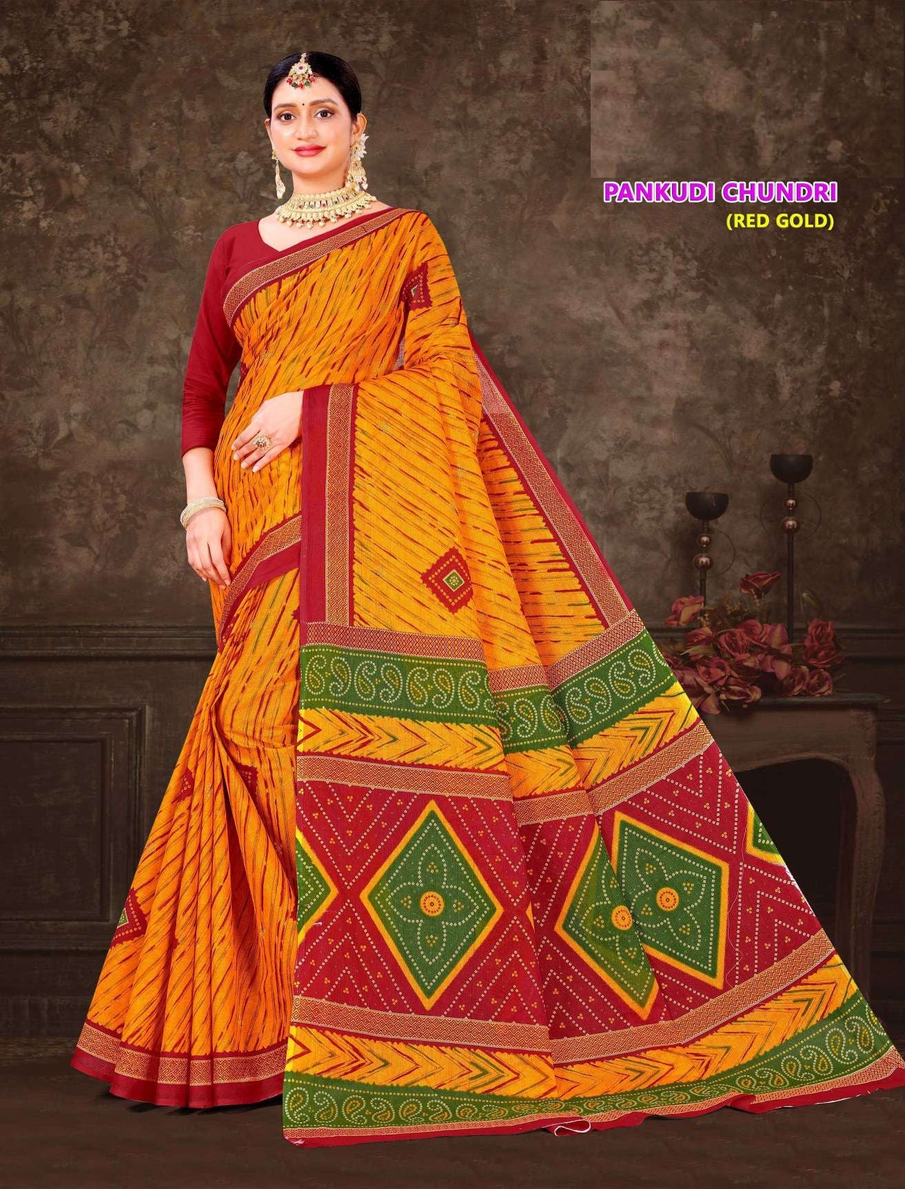 Pankhudi Chundri Red & Gold Cotton Saree – M.R. Saree Emporium