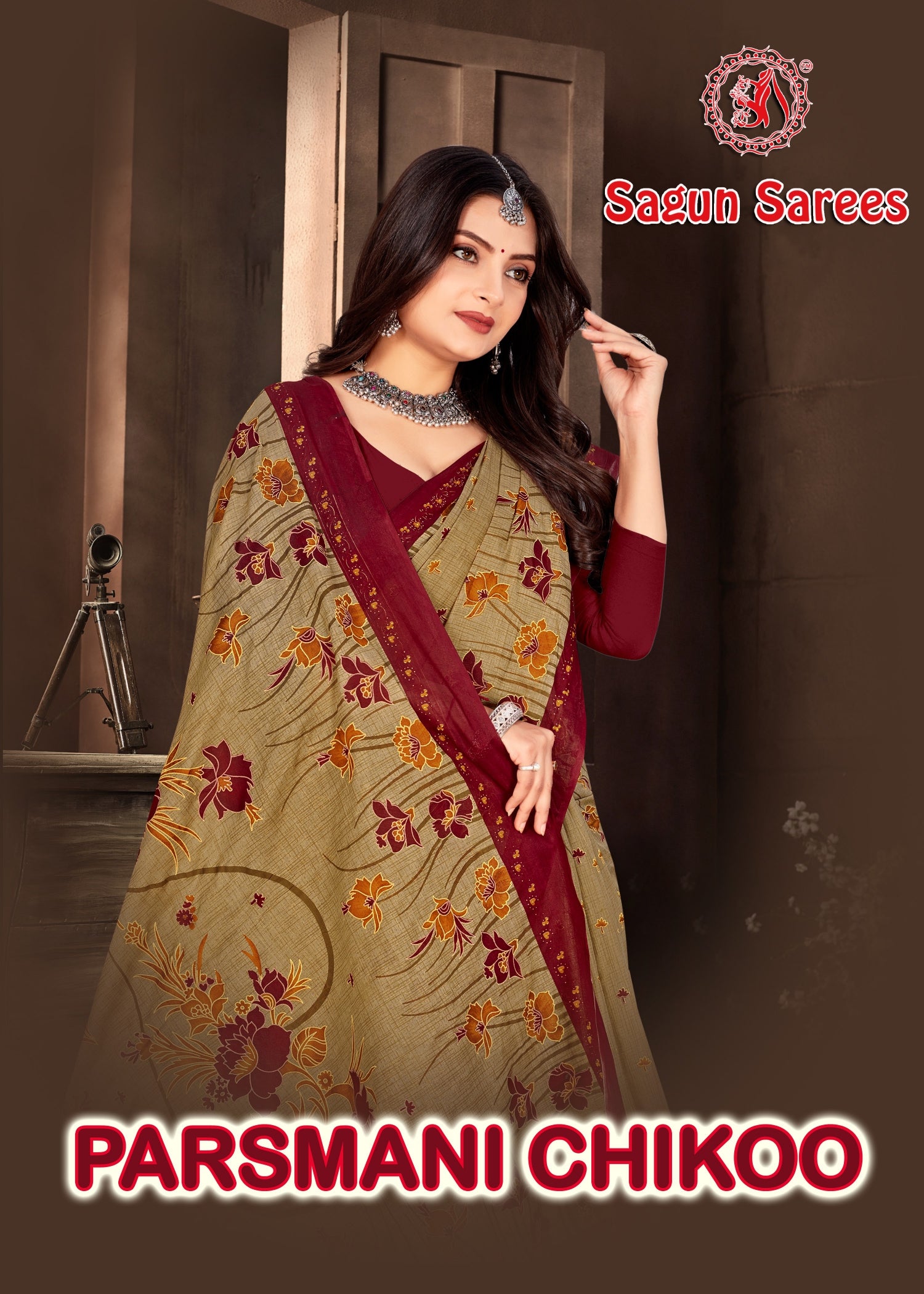 Parasmani Chikoo Cotton Printed Saree – Set of 8 Pcs -M.R. Saree Emporium