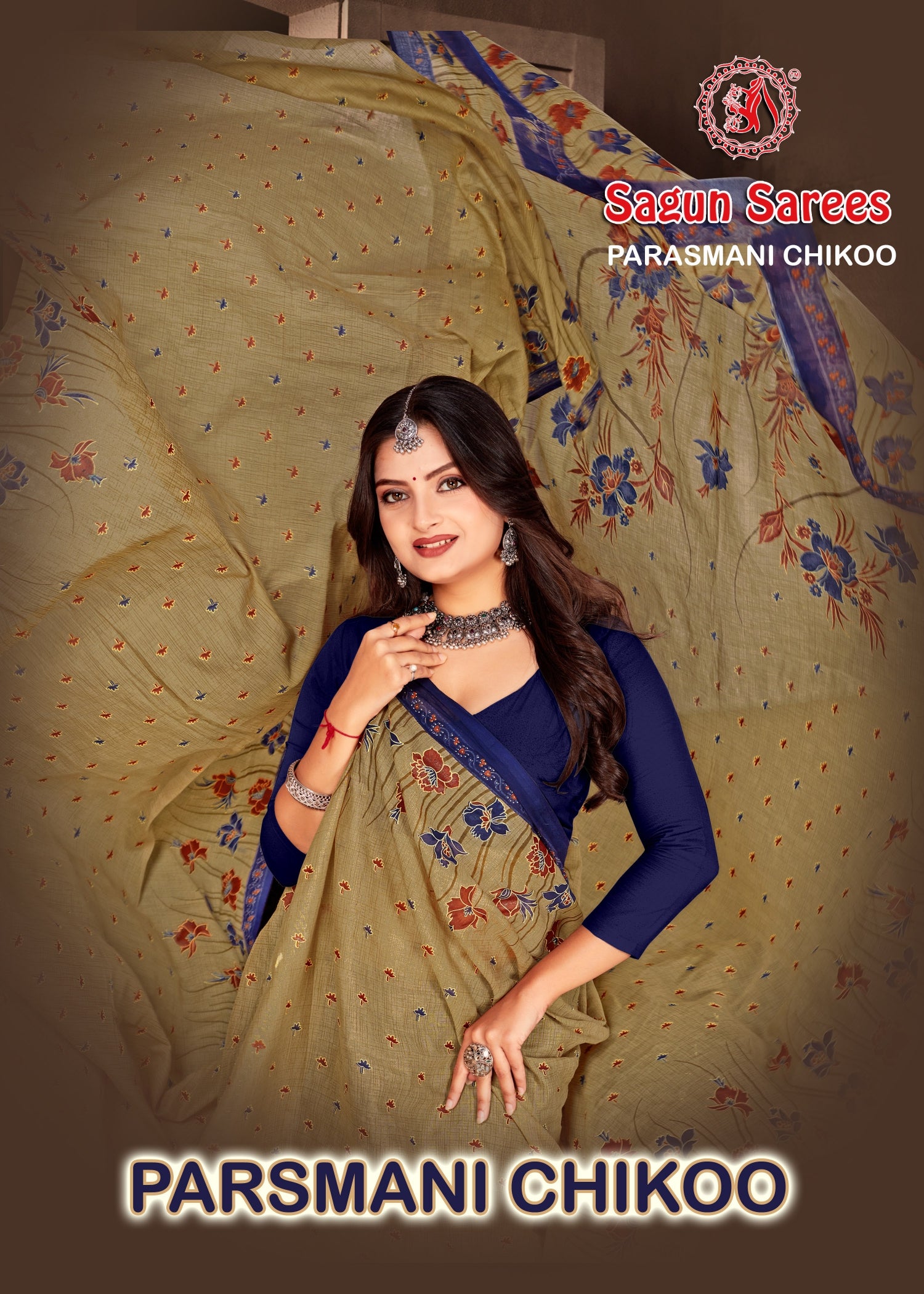 Parasmani Chikoo Cotton Printed Saree – Set of 8 Pcs -M.R. Saree Emporium