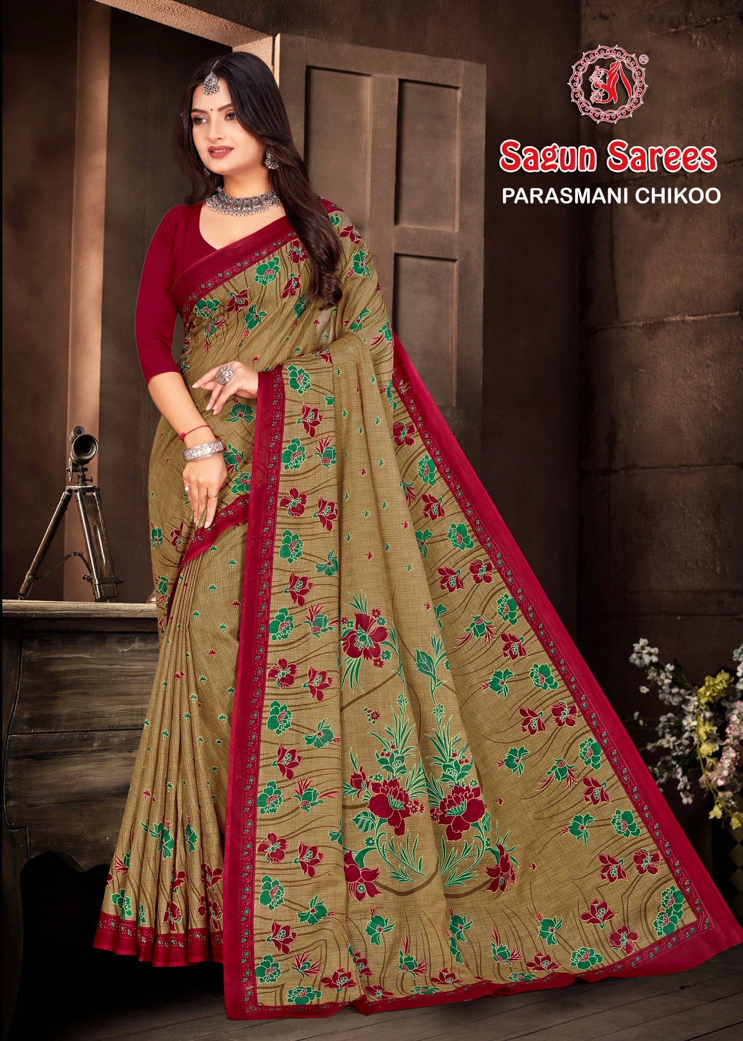 Parasmani Chikoo Cotton Printed Saree – Set of 8 Pcs -M.R. Saree Emporium