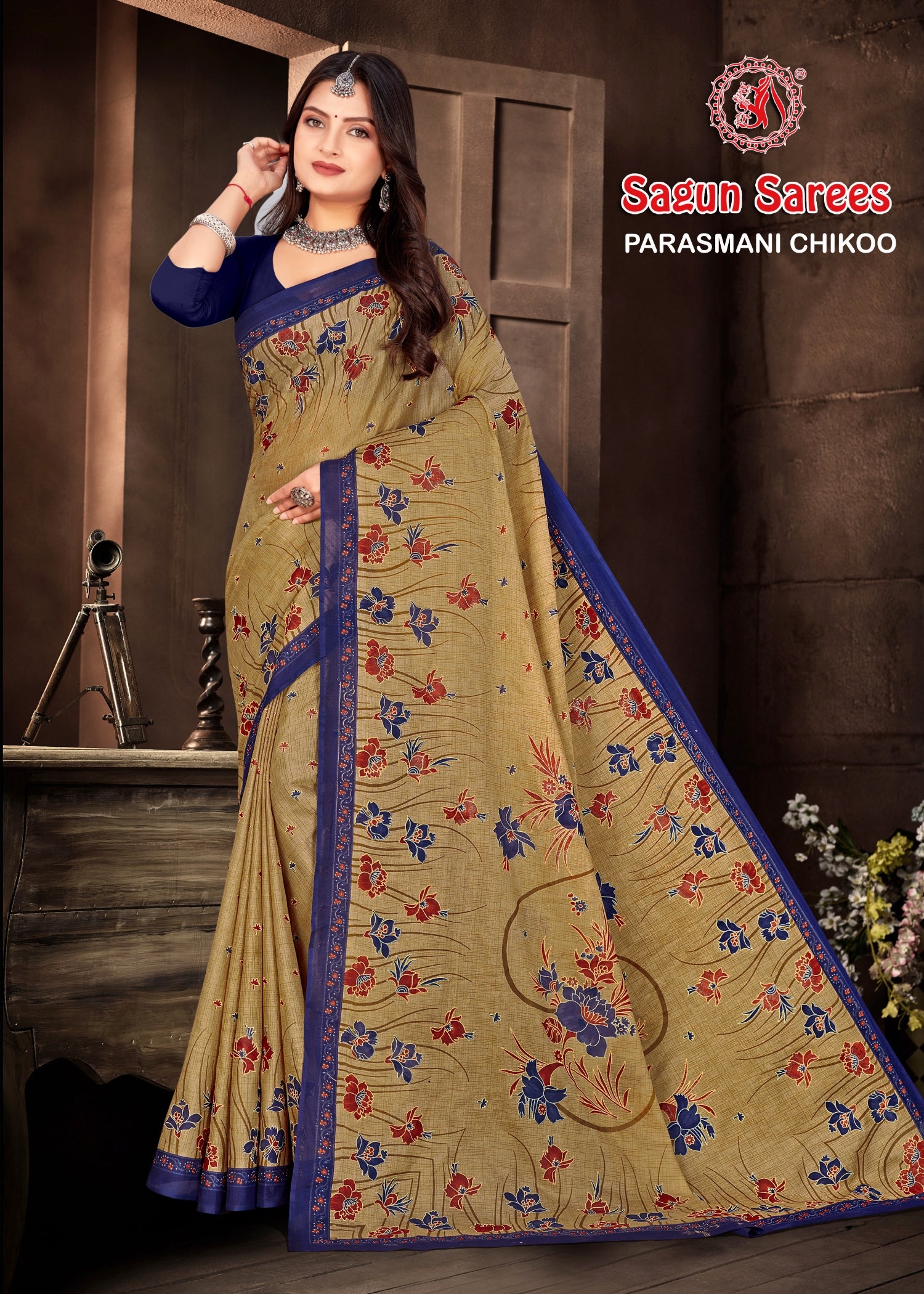 Parasmani Chikoo Cotton Printed Saree – Set of 8 Pcs -M.R. Saree Emporium