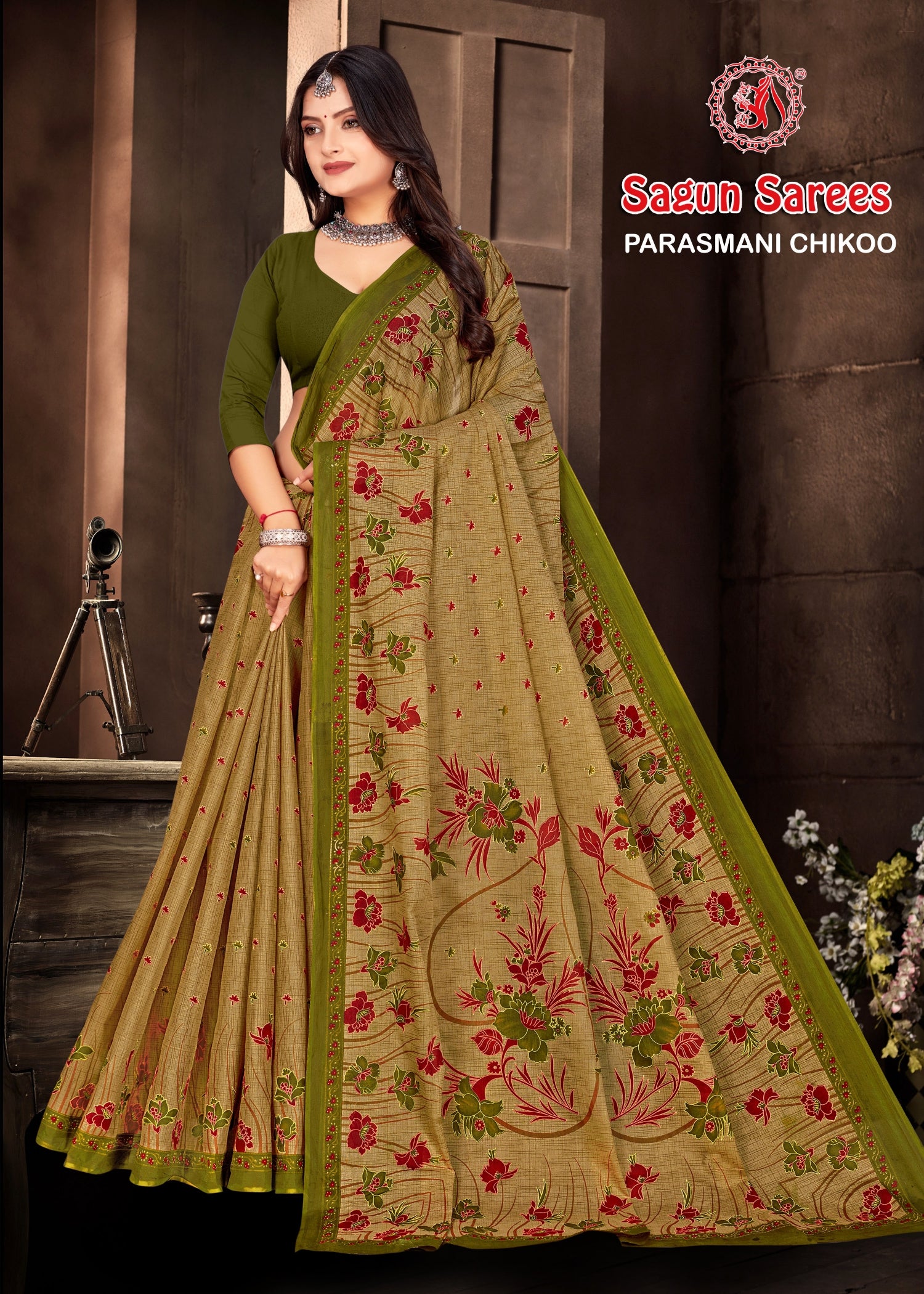 Parasmani Chikoo Cotton Printed Saree – Set of 8 Pcs -M.R. Saree Emporium