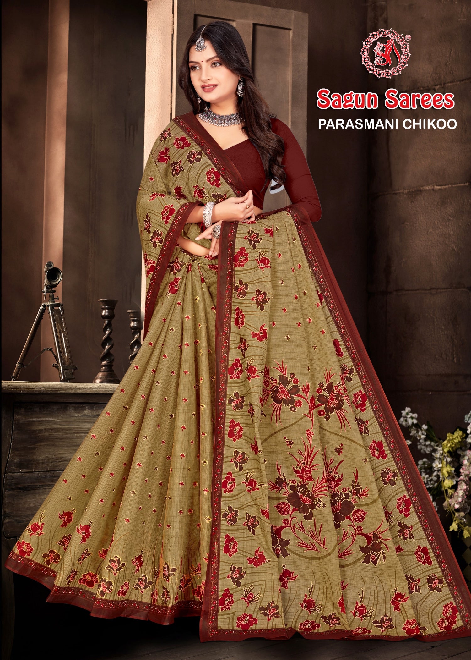 Parasmani Chikoo Cotton Printed Saree – Set of 8 Pcs -M.R. Saree Emporium