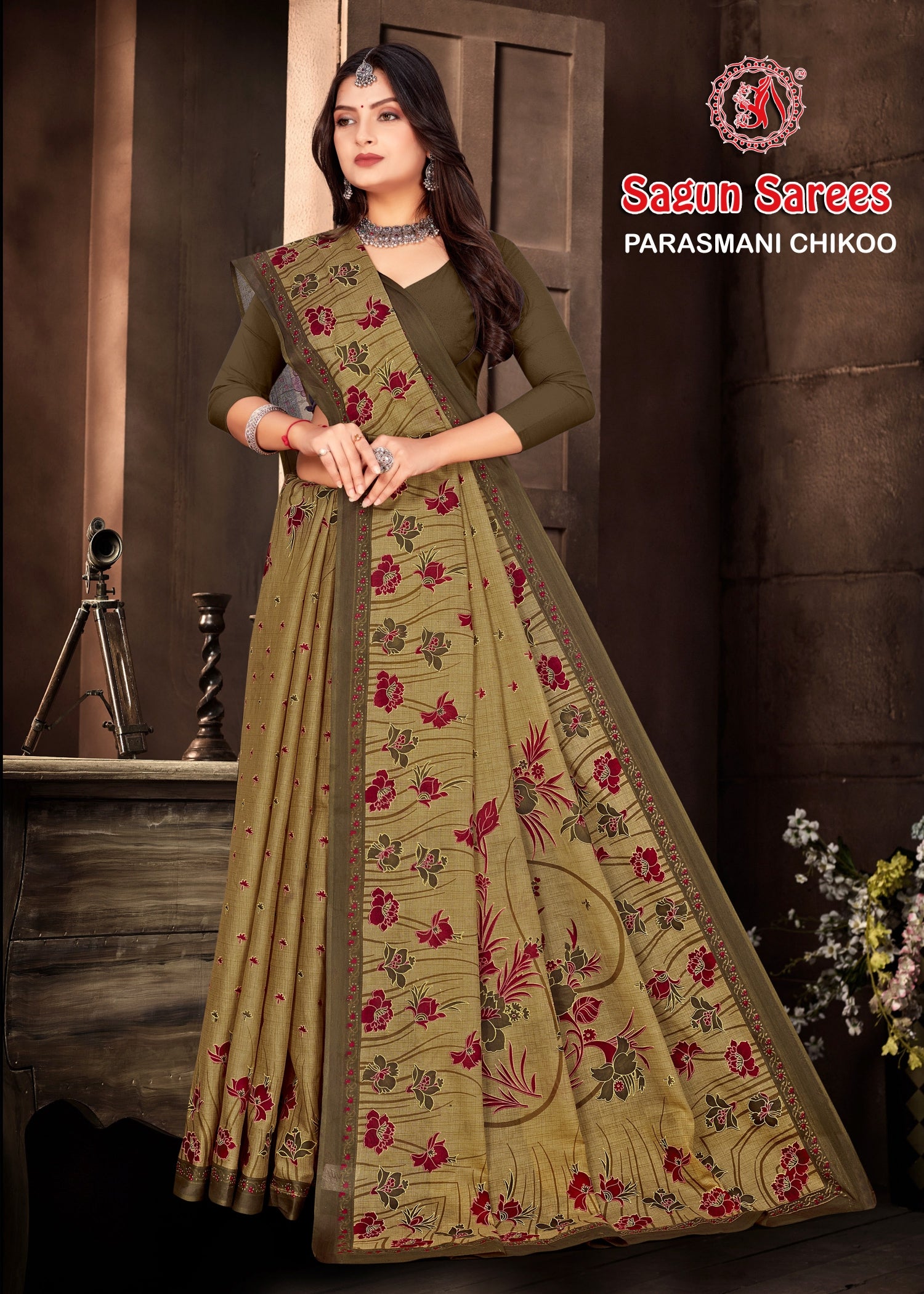 Parasmani Chikoo Cotton Printed Saree – Set of 8 Pcs -M.R. Saree Emporium