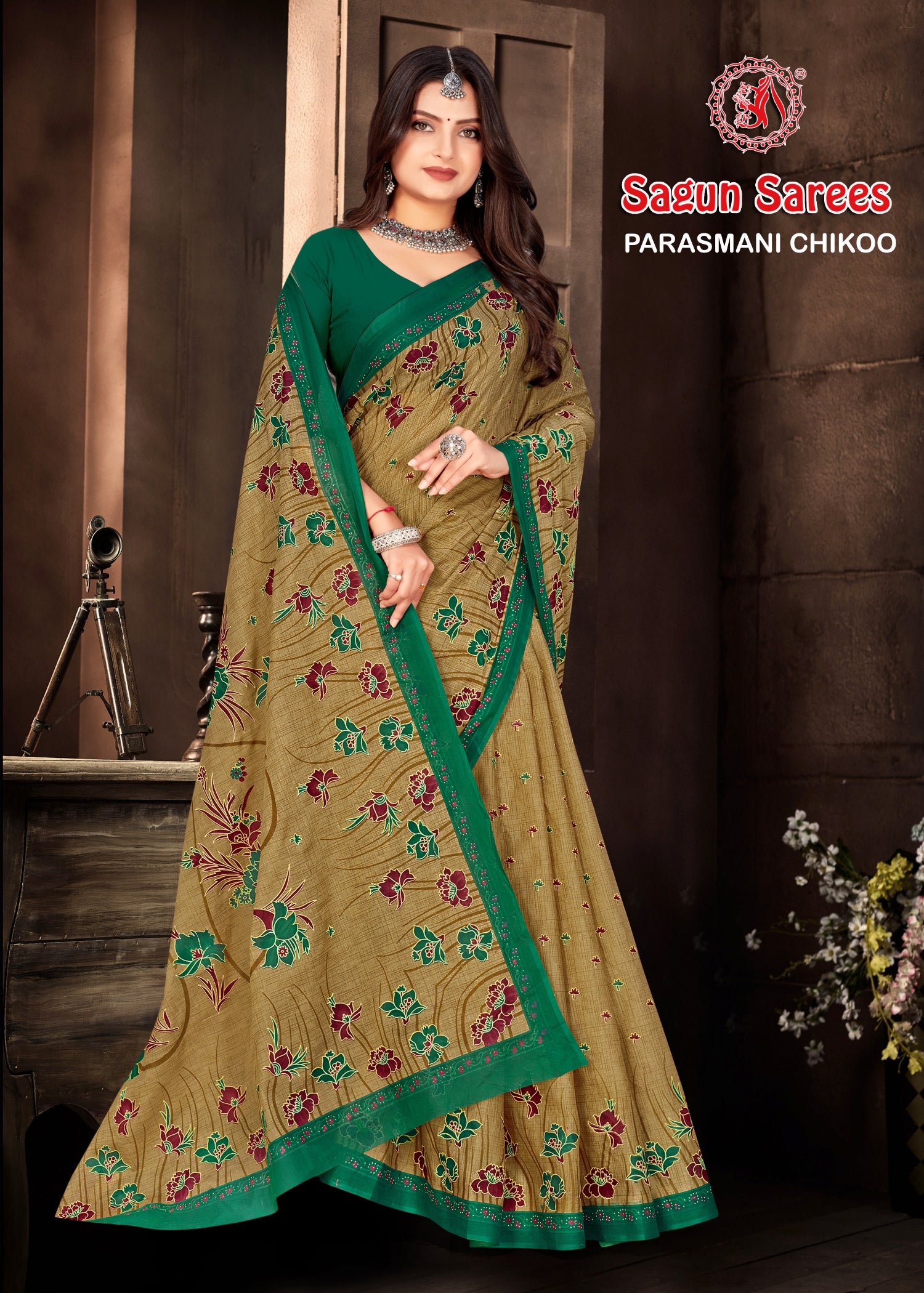 Parasmani Chikoo Cotton Printed Saree – Set of 8 Pcs -M.R. Saree Emporium